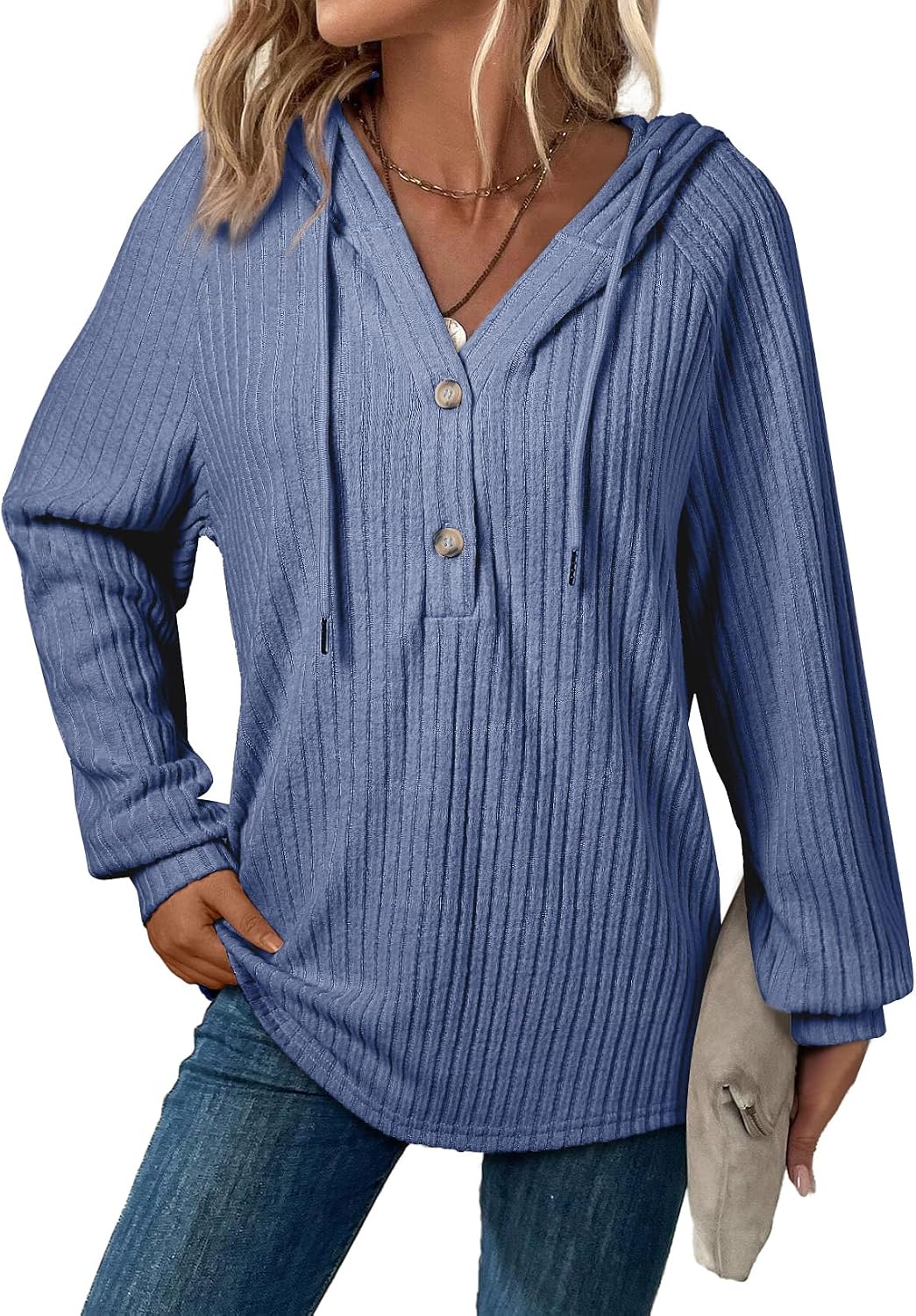 SHEWIN Sweaters For Women Causal V Neck Hooded Sweater Lightweight Knit Long Sleeve Fall Tops