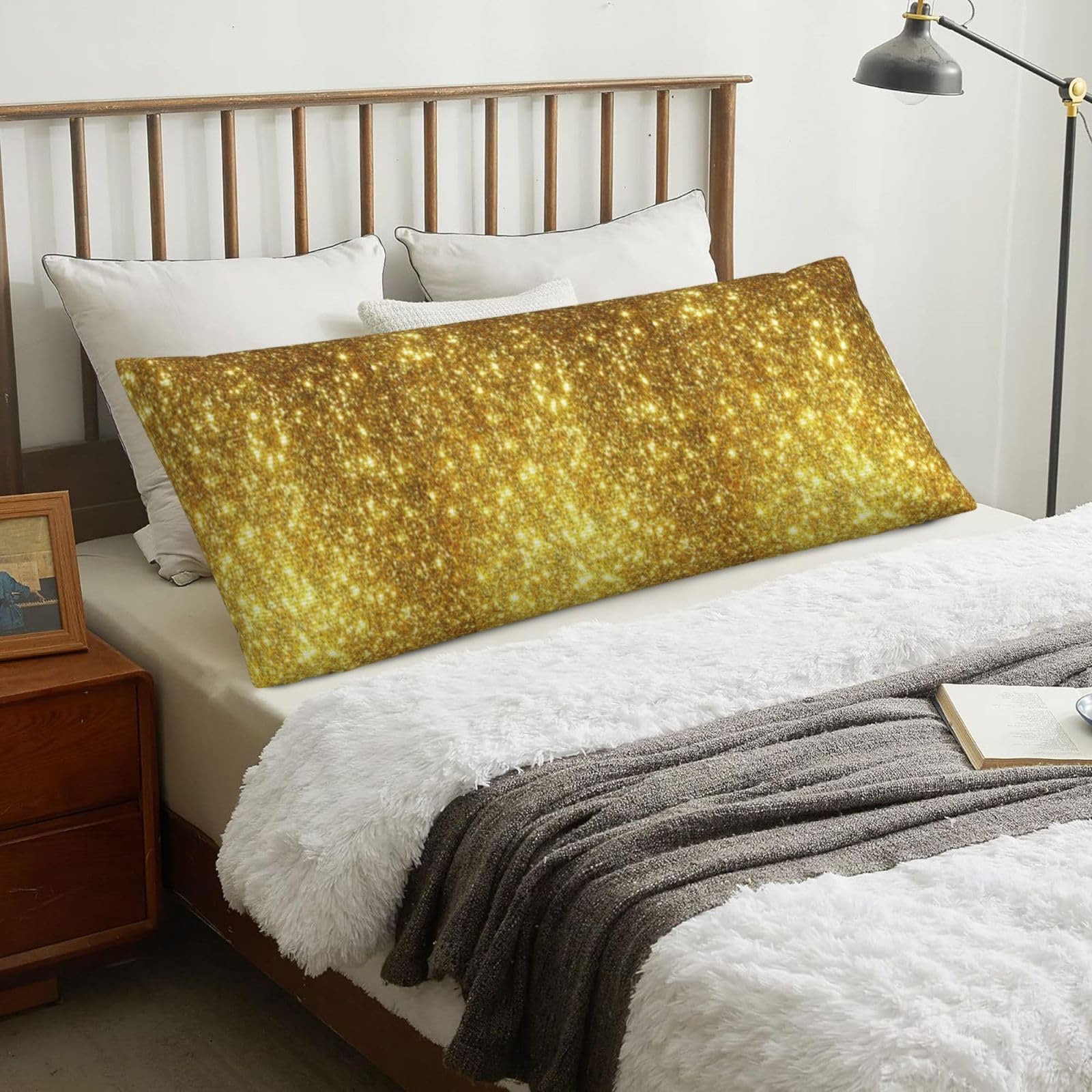 Golden Bling Glitter Print, Body Pillow Cover with Zipper,Long Body Pillowcase 20 x 60 in