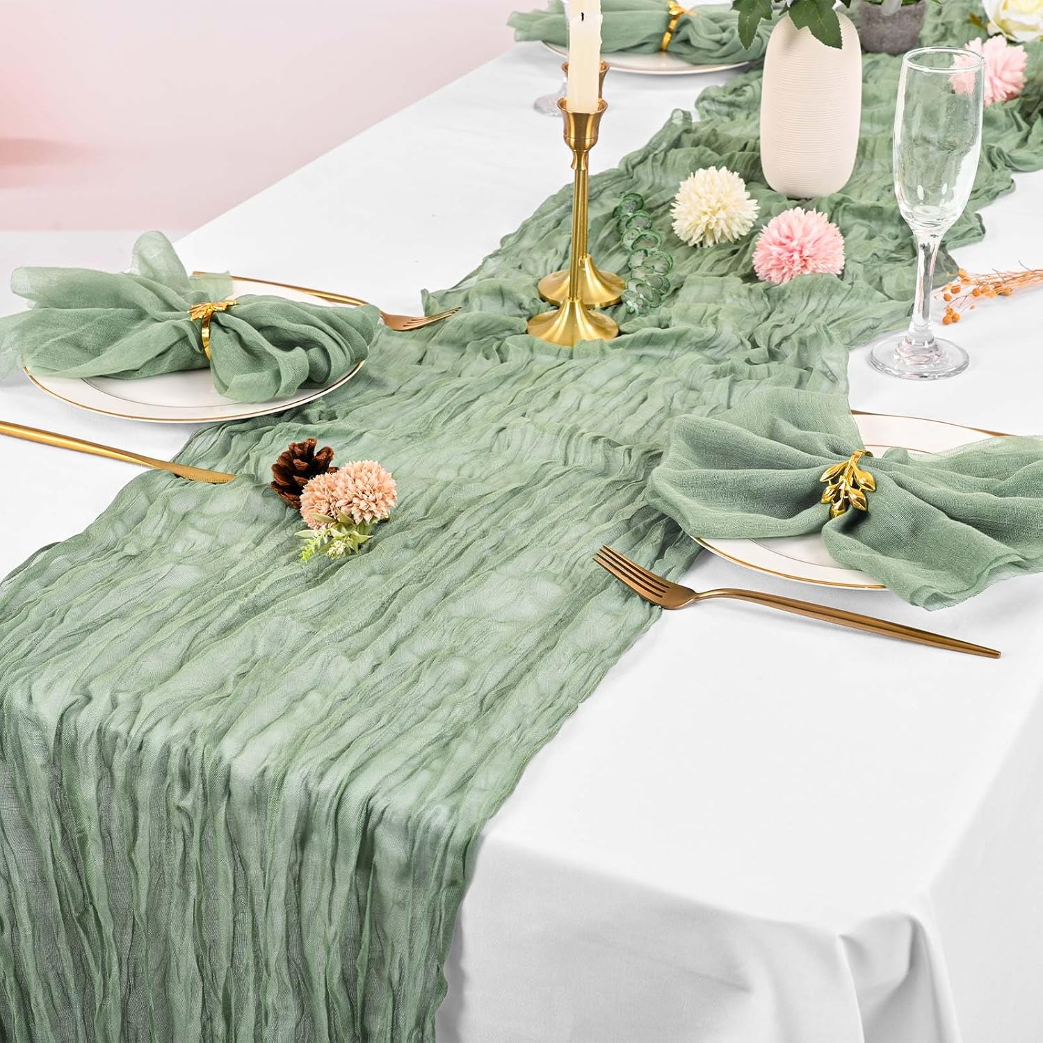Sage Green Cheesecloth Napkins - Bulk Set of 100, 20x20 Inch Washable and Reusable Boho Cotton Gauze Cloth Napkins for Weddings, Bridal Girl Baby Shower, Party and Banquet