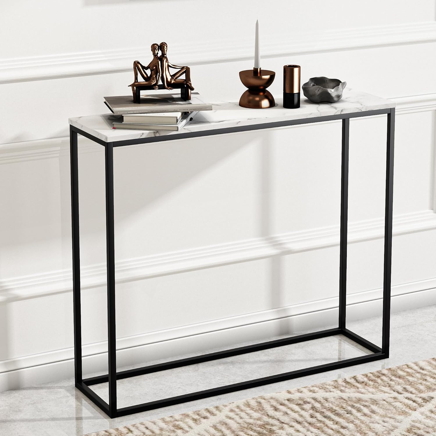 roomfitters 41” Modern Faux Marble Console Table for Entryway, Rectangular Entrance Sofa Table, Entry Table with Black Metal Frame, Bar Table for Dining Room, Living Room Couch Table, Display Table
