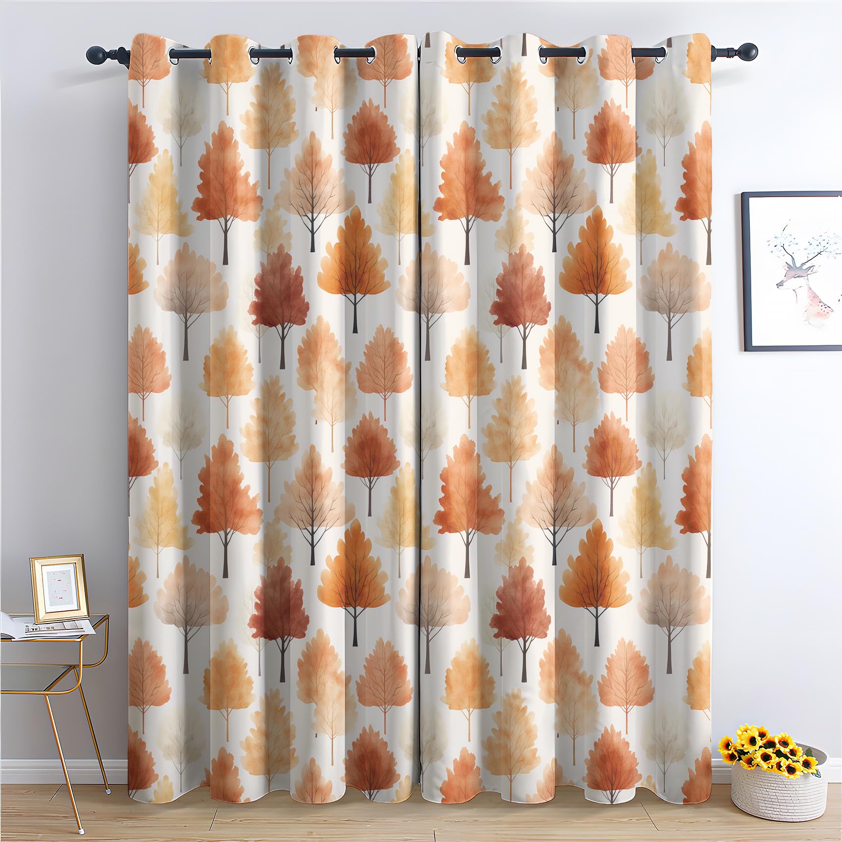 Tree Curtains for Bedroom Living Room - Orange Plant Blackout Curtains 66 x 54 Inch (Width x Drop), Thermal Insulated Eyelet Curtains & Drapes, Patterned Window Treatments K&-28