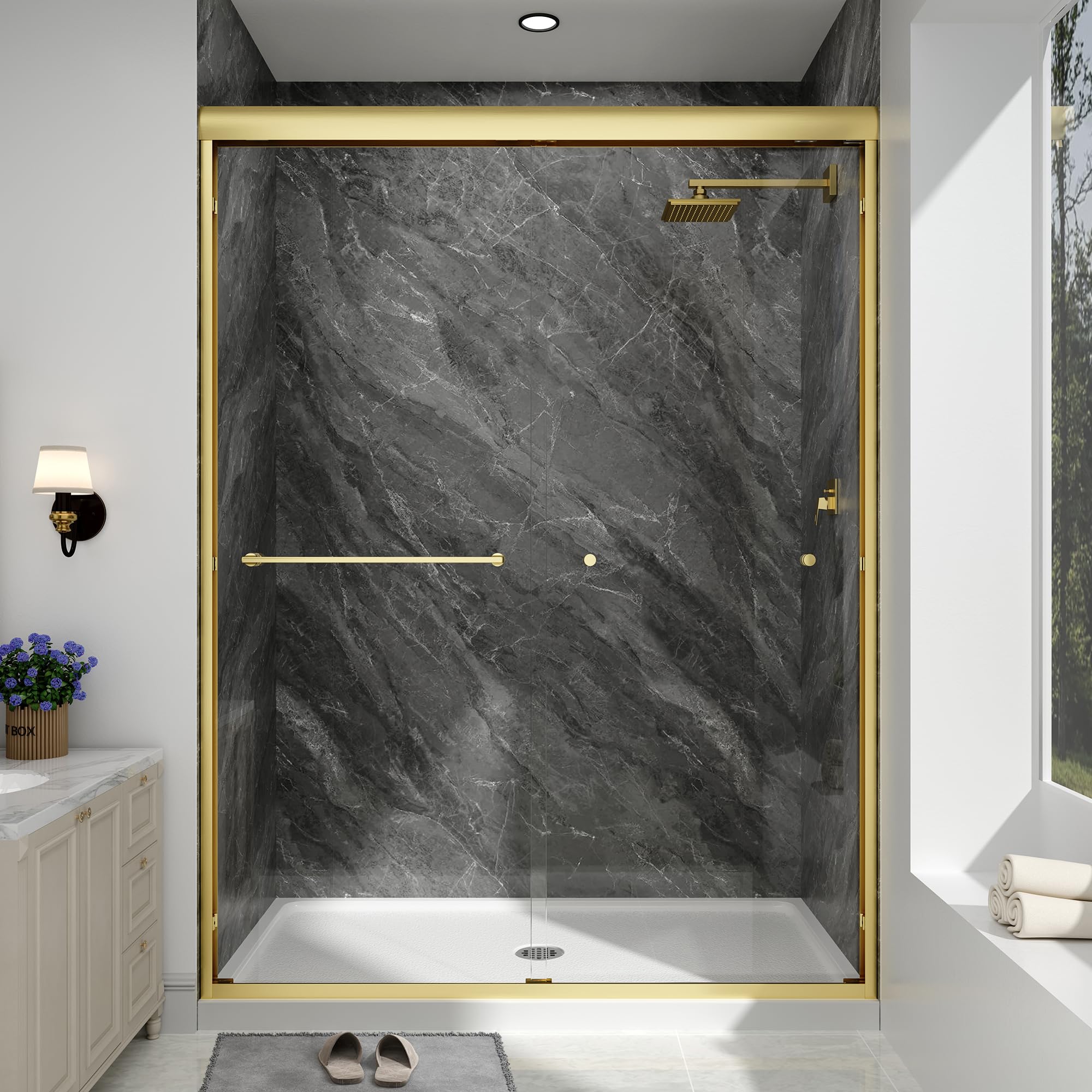 Double Sliding Shower Door, 55"-60" W x 70" H Semi-Frameless Glass Shower Door, 1/4'' (6mm) Clear SGCC Tempered Glass with Explosion-Proof Film and Nano Coating, Brushed Gold