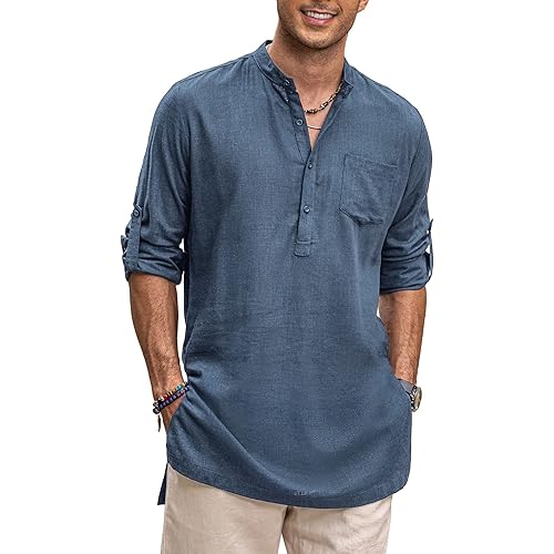 COOFANDY Men's Linen Henley Shirts Long Sleeve Collarless Longline Kurta Beach Shirts with Pocket