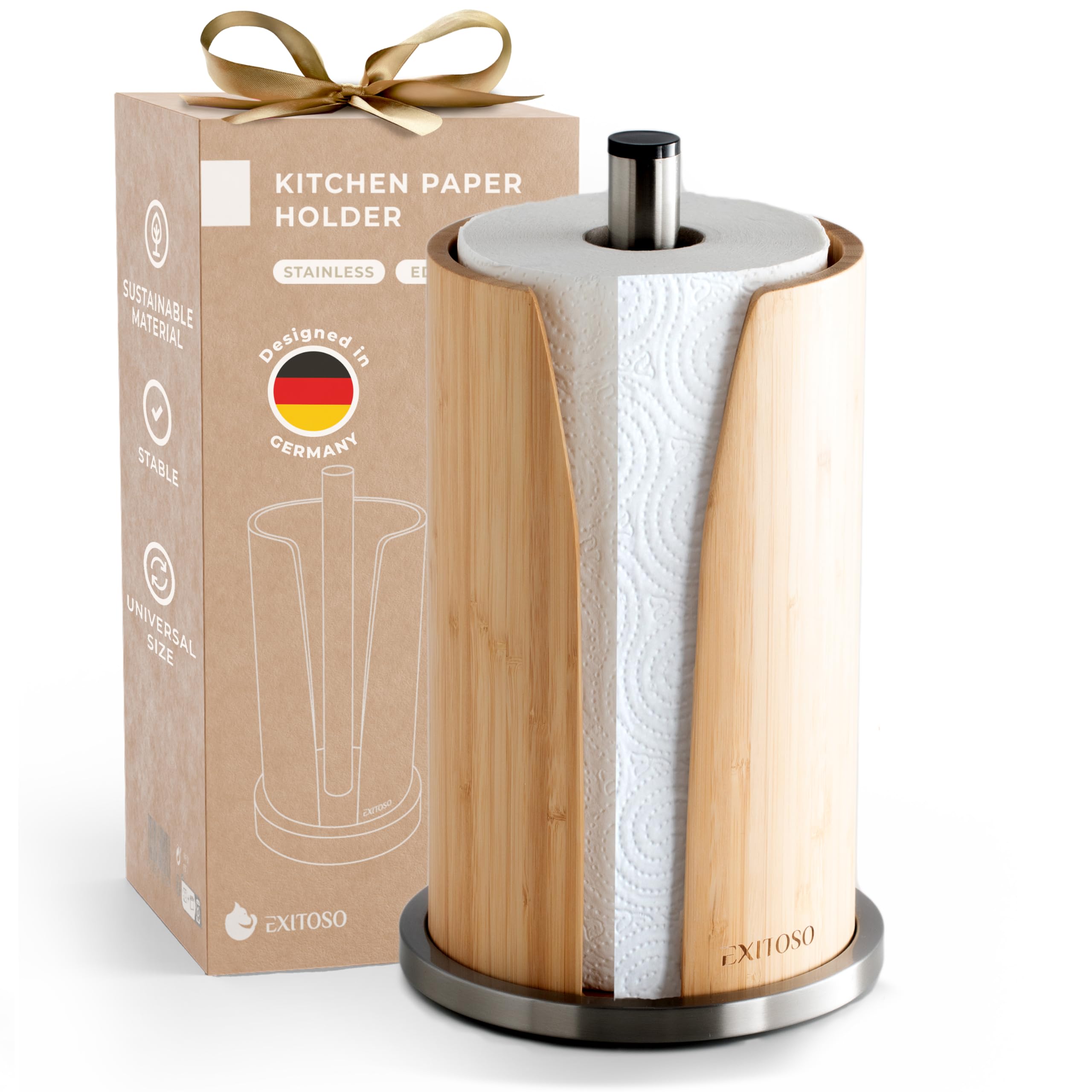 EXITOSO Küchenrollenhalter Bambus - Halter Küchenrolle Edelstahl - Küchentuchhalter - Küchenrollenhalter stehend - Küchenpapierhalter - Küchenrollenhalter Holz - Papierrollenhalter Küchenrolle