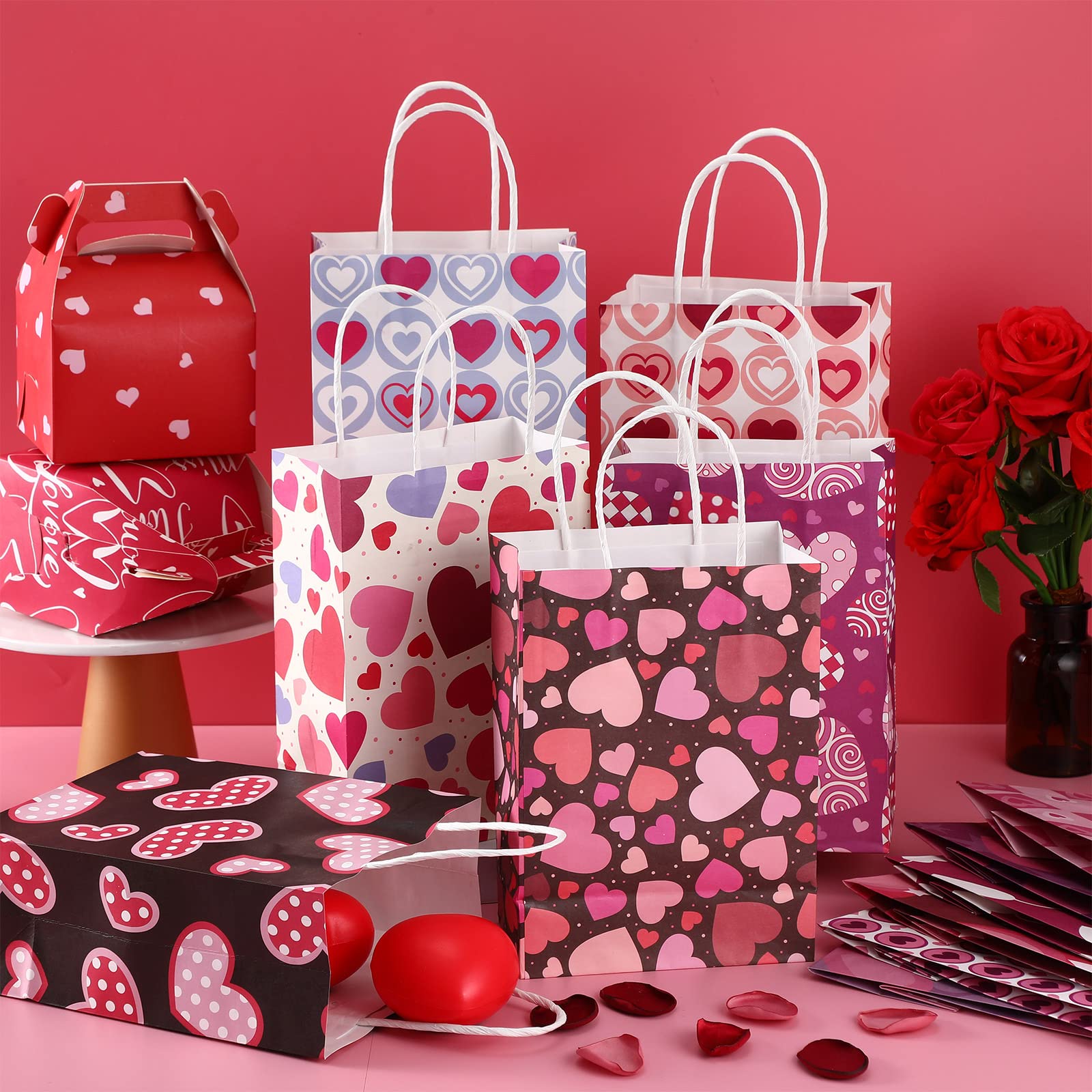 Yexiya 120 Stück Valentinstag Papiertüten mit Griffen Geschenktüten Bulk 21,6 x 16,3 x 8,9 cm Goodie Bags für Kinder Geburtstag Valentinstag Party Zubehör (Herz)