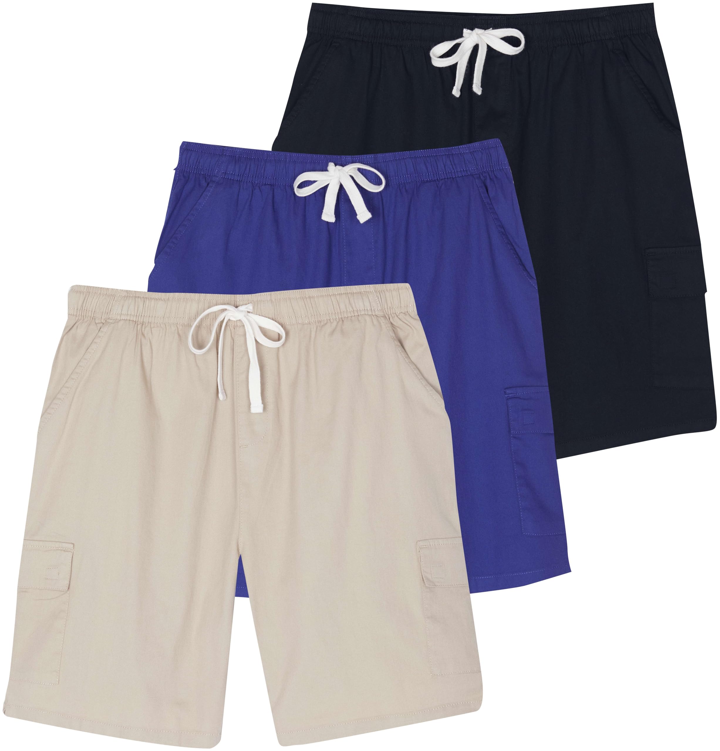 Real Essentials 3 Pack: Men's Cotton 9" Cargo Shorts - Elastic Waistband with Drawstring & Pockets