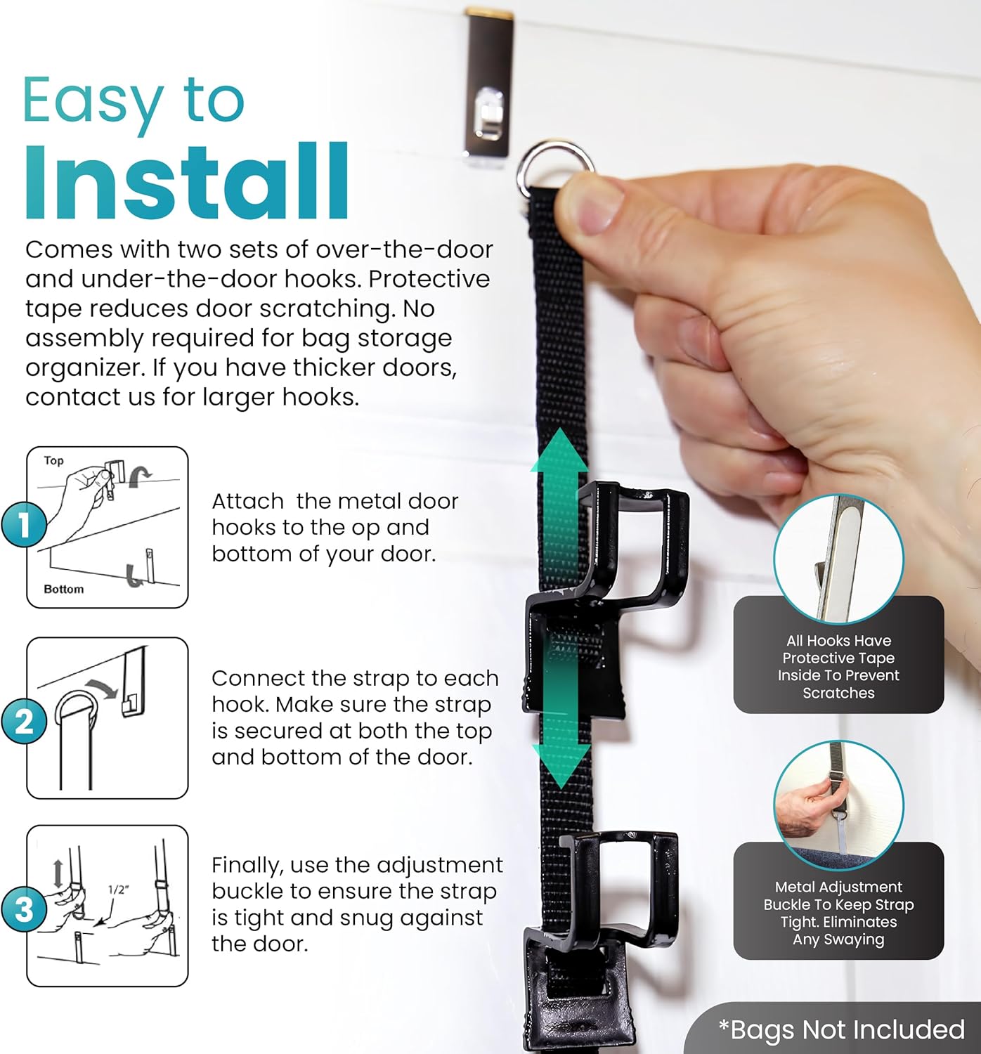 Perfect Curve Handbag and Purse Organizer | Hold up to 18 Bags | Over The Door Organizer for Purses and Handbags | Adjustable Clips | 2 Straps | Black - Image 4