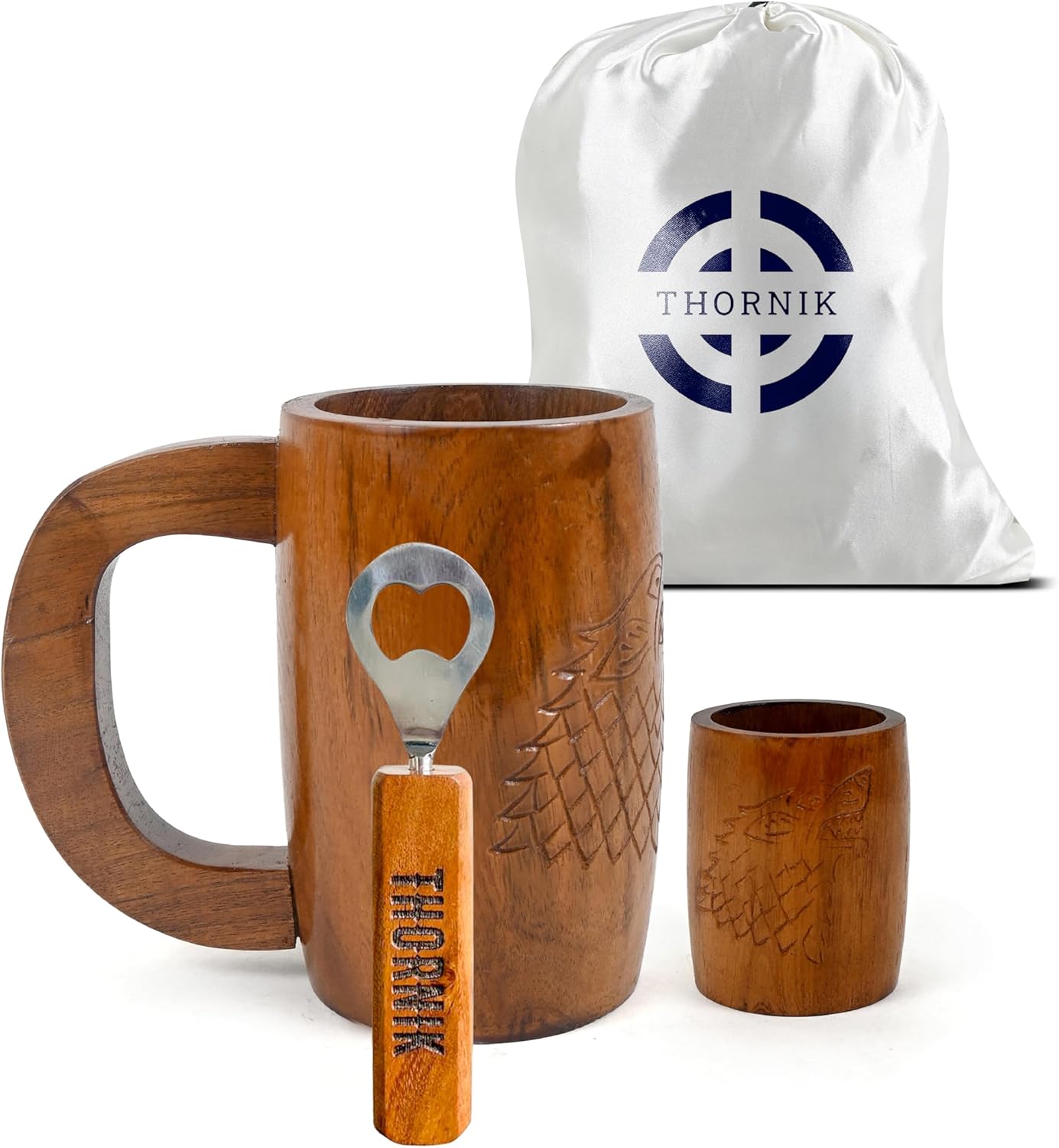 OX Horn Mug Set 16-20 oz | Horn Cup and Shot Glass Set with Acrylic Base, Wood Bottle Opener Burlap | 100% Authentic | Unique Gift | For Beer, Ale, Mead - Knot of the Slain