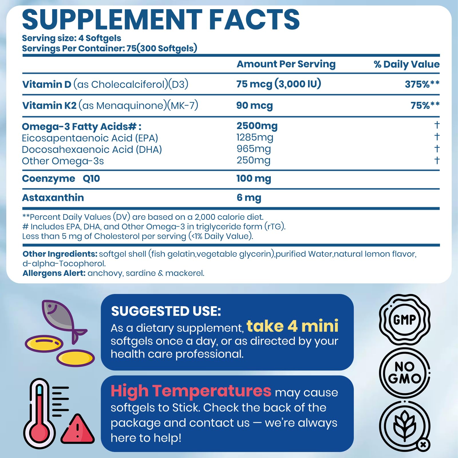 Omega 3 Fish Oil with Vitamin D3 K2 – 300 Lemon Flavored Burpless Softgels | Fish Oil Omega 3 Supplements Support Heart, Brain, Eyes & Immune Health | Gluten-Free, Non-GMO