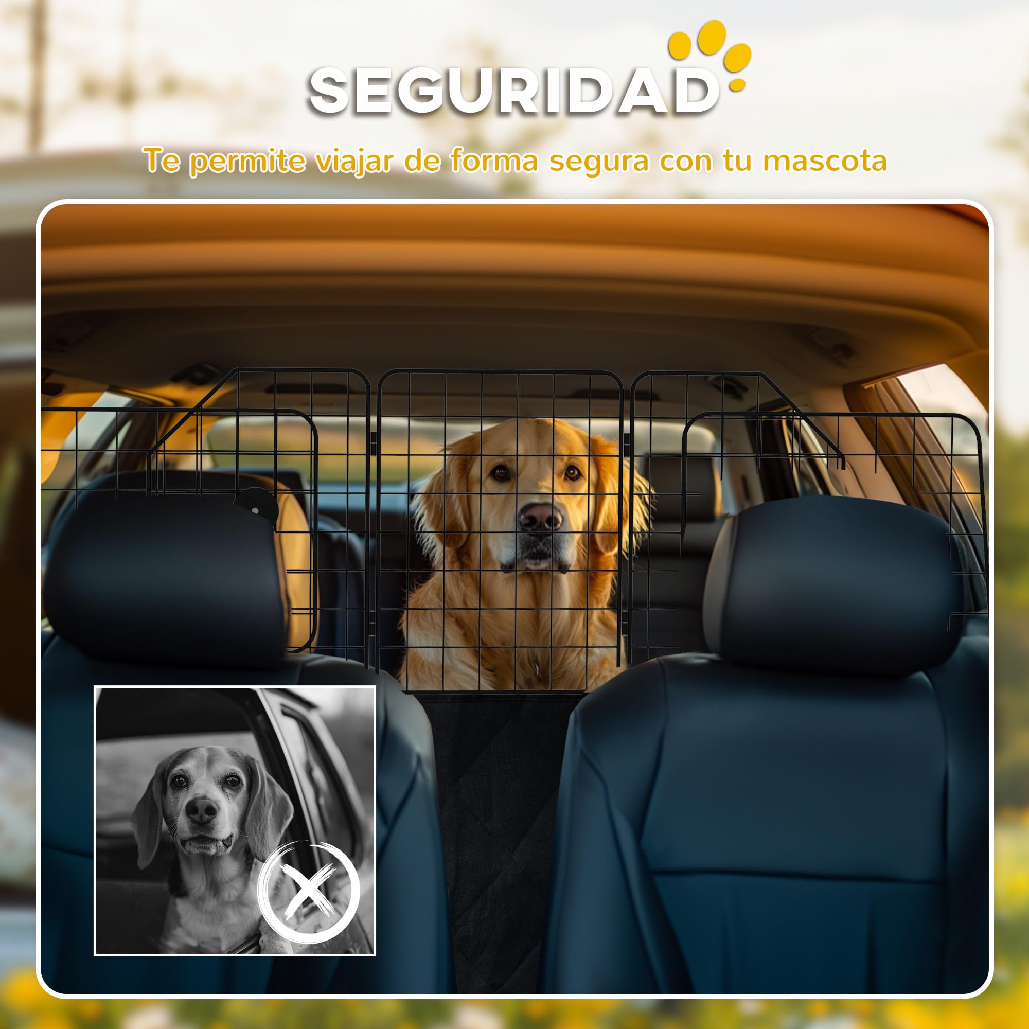 PawHut Barrera Protectora de Coche para Perros Reja 93-150x42 cm Negro | Plegable, Rejilla para Perros de Coche, Anchura Ajustable, Acero
