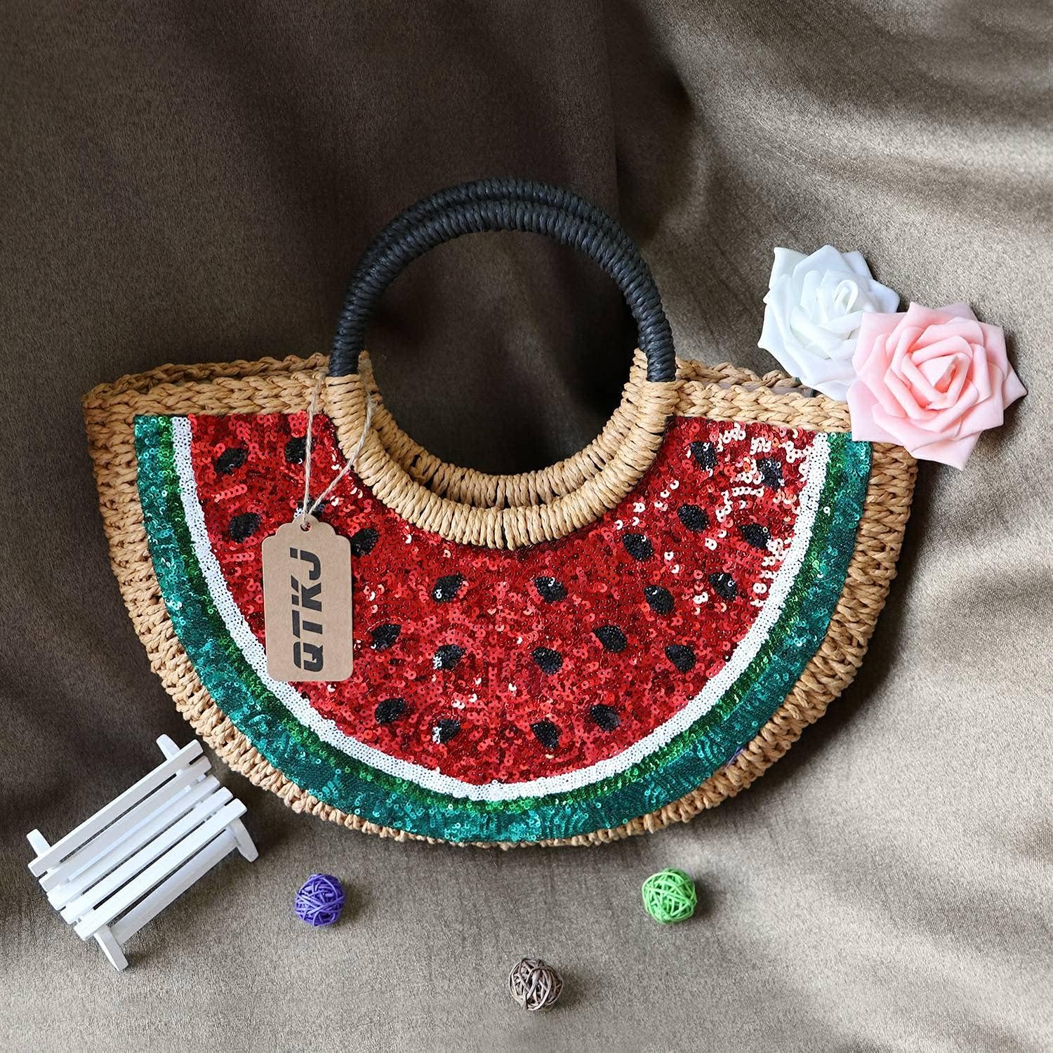 Semi-circle Rattan Straw Handbags, Hand-woven Summer Watermelon Beach Straw Bag with Sequin for Women