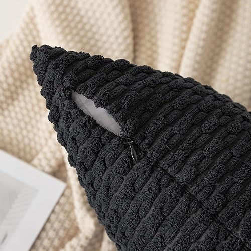 Miniatura 2 de Kevin Textile - Juego de 2 fundas de almohada decorativas de terciopelo de pana a rayas sólidas para sofá, 20 x 20 pulgadas, color negro