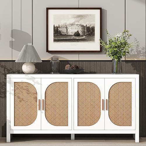 Miniatura 6 de Aparador de ratán con almacenamiento de cocina, armario de almacenamiento, mesa de consola de buffet con puertas y estante ajustable para comedor,