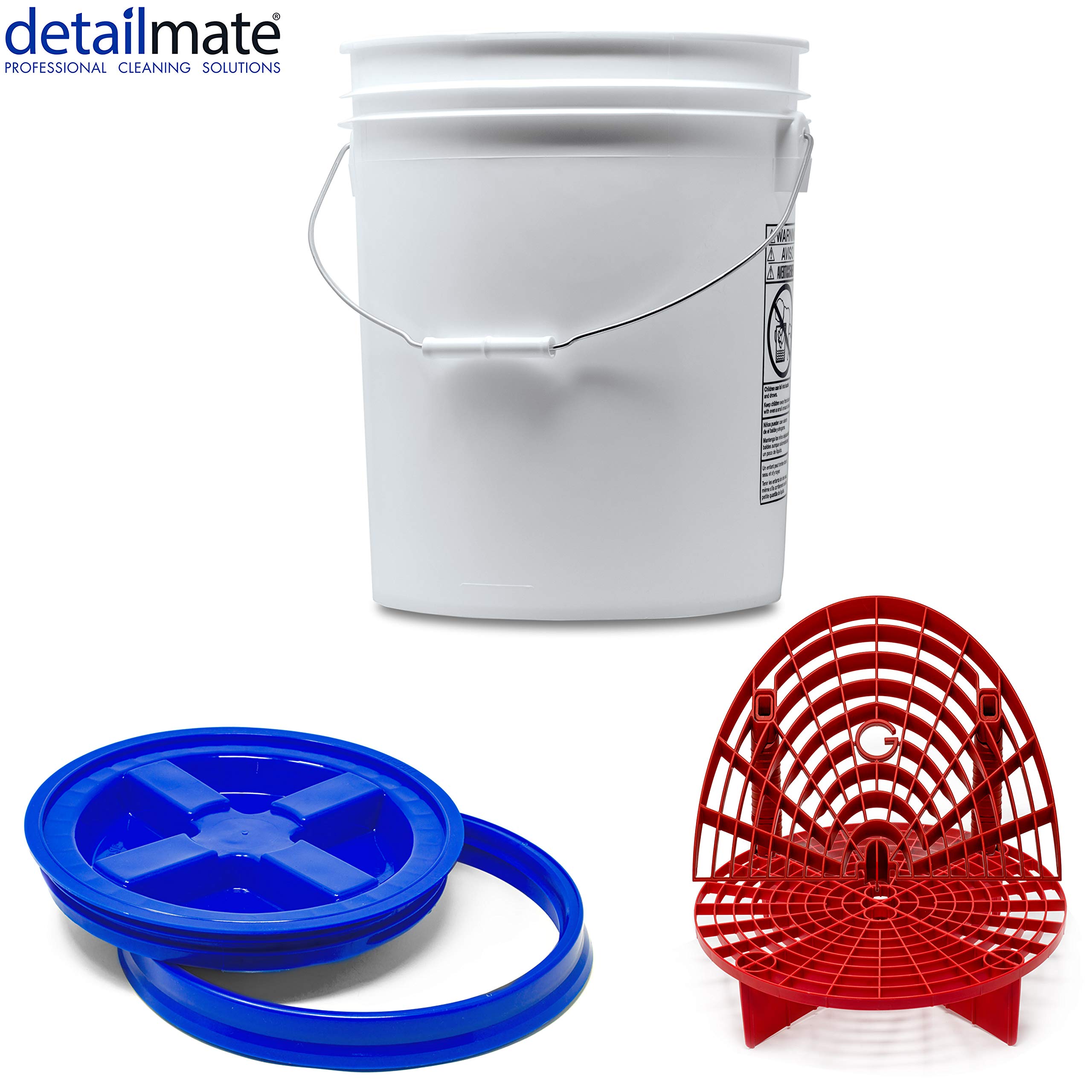 Detailmate professionelles Wasch Eimer Set: Magic Bucket Wascheimer 5 GAL (ca. 20 Liter), Gamma Seal Eimerdeckel blau, GritGuard Schmutz Einsatz rot, GritGuard Washboard rot
