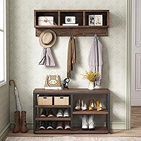 Tribesigns 5-in-1 Industrial Entryway Shoe Rack Bench with Coat Rack, 3 Cubbies & 7 Hooks, Rustic Brown Hall Tree Organizer