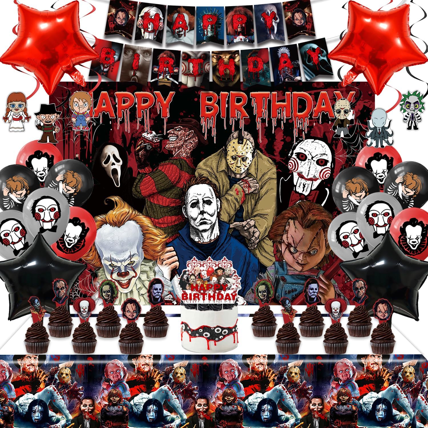 Classic Horror Movie Character Party Decorations Kit，Horror Birthday Supplies Kit，Halloween Birthday Party Decorations Include Banners Latex Balloons Sticker Cake Cupcake Toppers for Boy Girls Adult