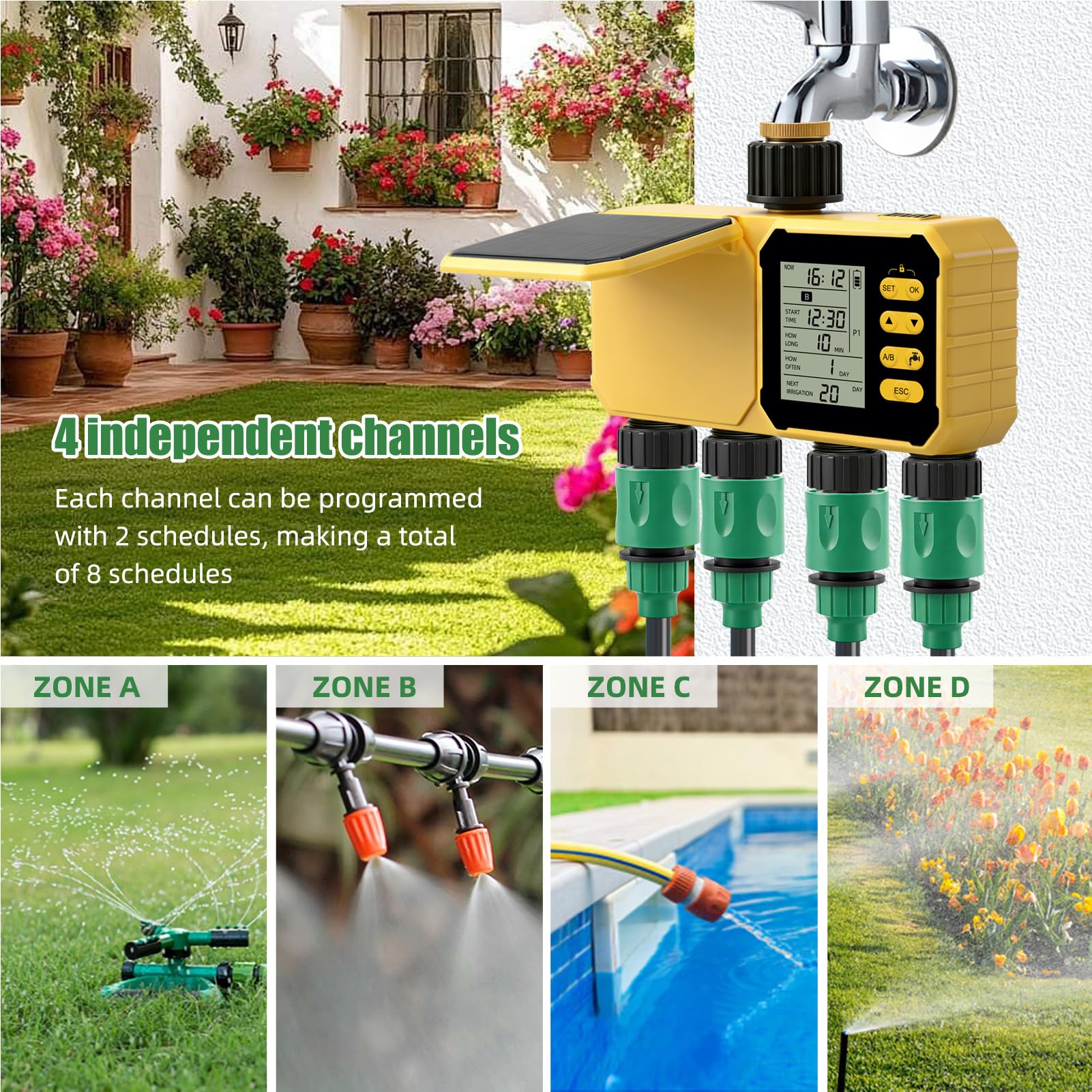 Asixxsix Temporizador de riego con Sensor de Lluvia Inteligente, Programa Personalizable, Controlador de riego con Doble alimentación, Temporizador de Agua para Jardines y céspedes