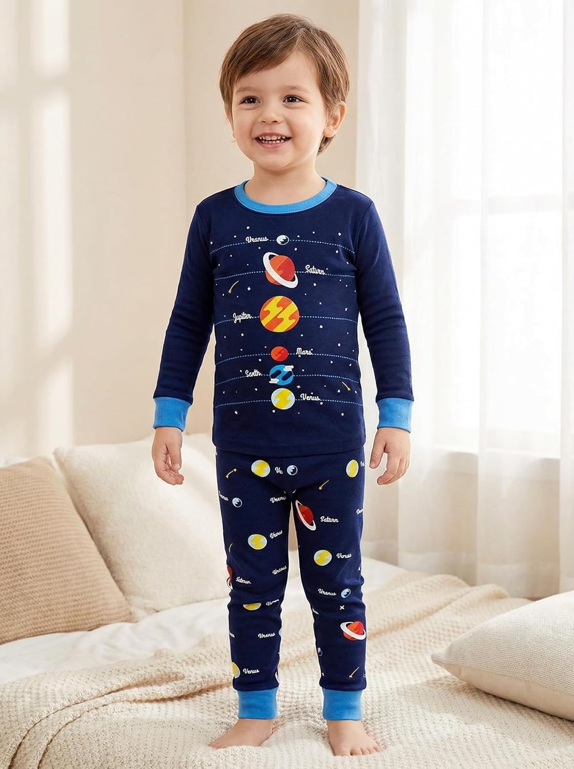 Popshion Boys Pajamas 100% Cotton Planet Pjs Toddler 2 Piece Sleepwear Kids Clothes Set Size 3t -10t - Image 2