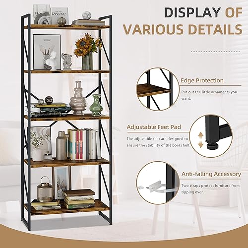 Miniatura 5 de Vongrasig Estantería de 5 niveles, organizador de estantería independiente, estantes de escalera de cocina de granja, estantes abiertos de madera