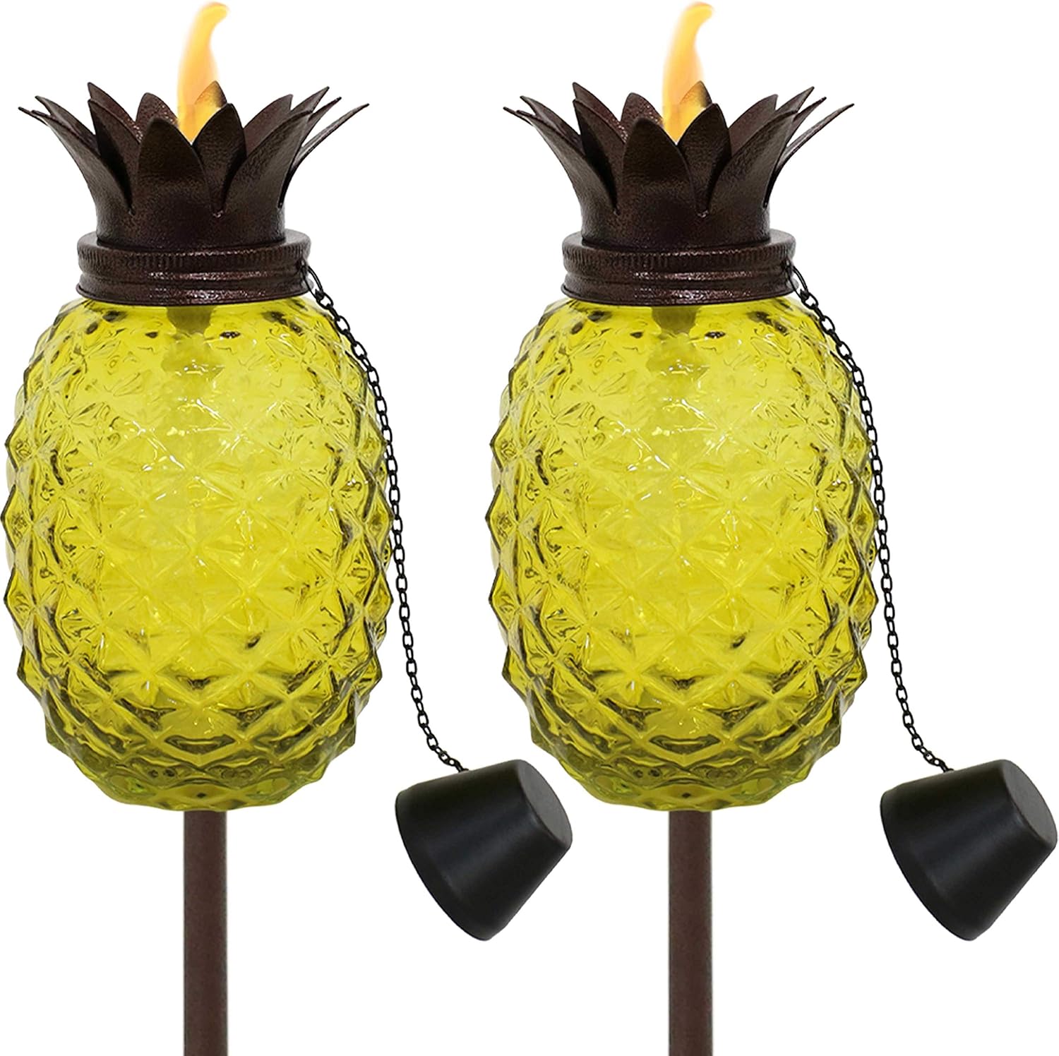 Sunnydaze Tropical Pineapple Glass Patio Torches Set of 2 - 23 to 63-Inch Outdoor Lawn Torch, Garden, Deck & Backyard - Yellow
