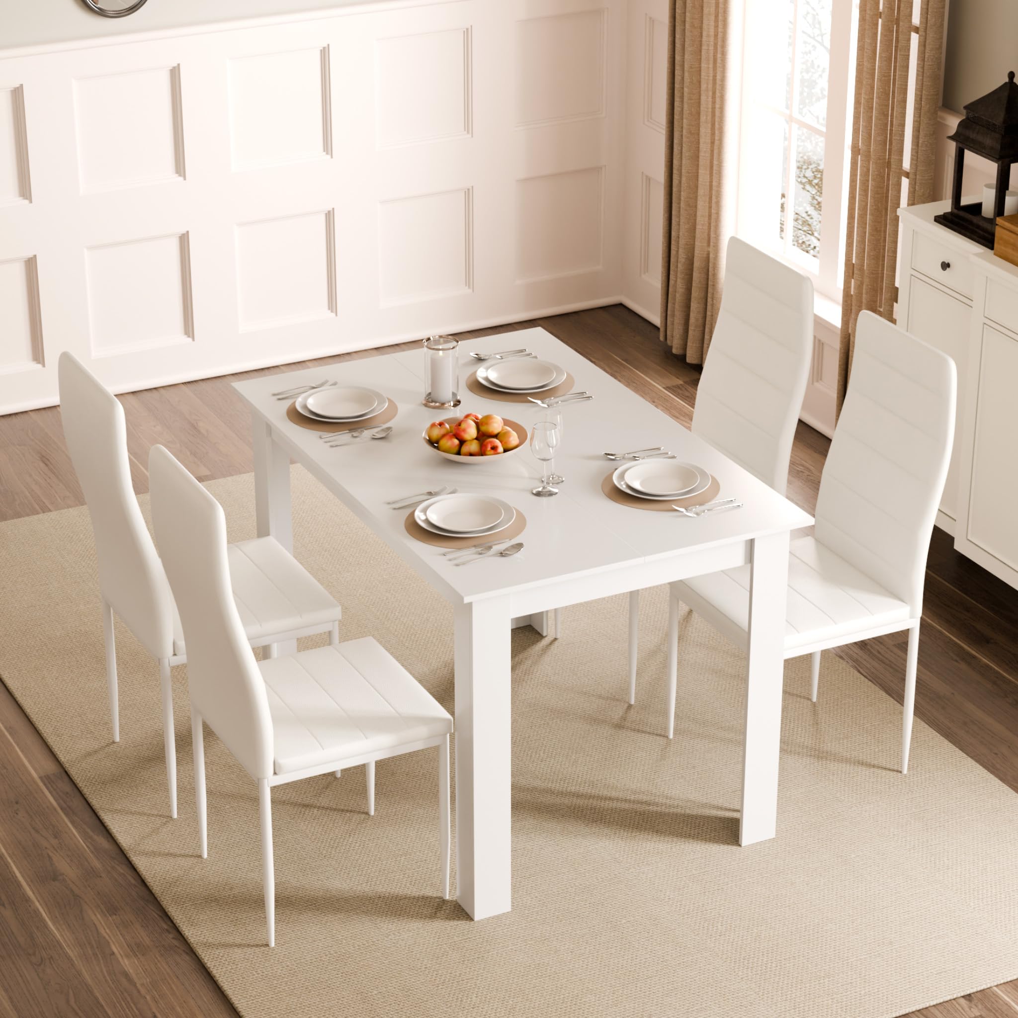 Mondeer Esstisch mit 4 Stühlen Set, Essgruppe mit Hochlehner Kunstleder Stuhl für Küche Esszimmer Wohnzimmer, W120 x D80 x H75 cm, Weiß