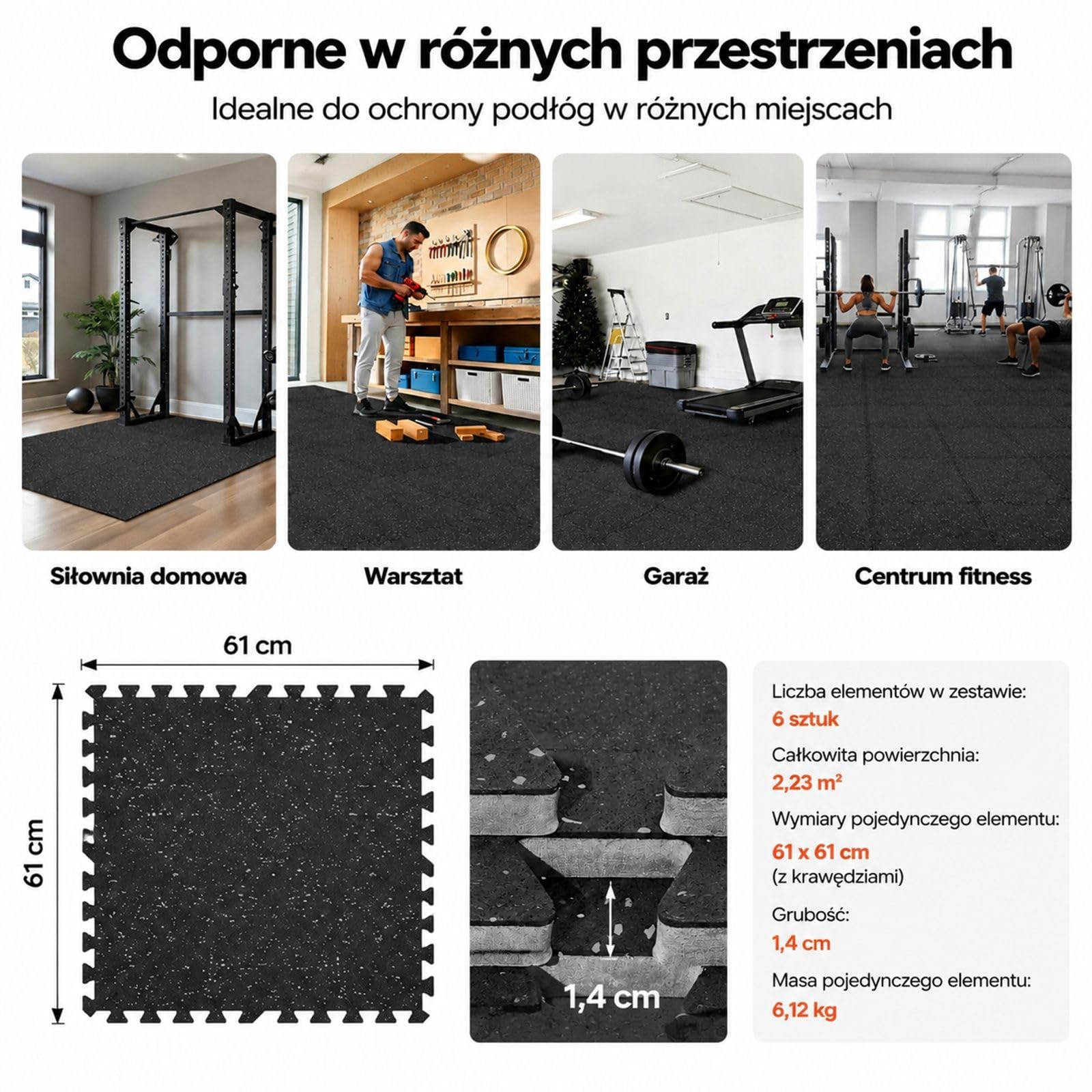 Zestaw 6 mat puzzle z pianki EVA, czarne z szarymi kropkami, łączone, do fitnessu, siłowni, domu, biura