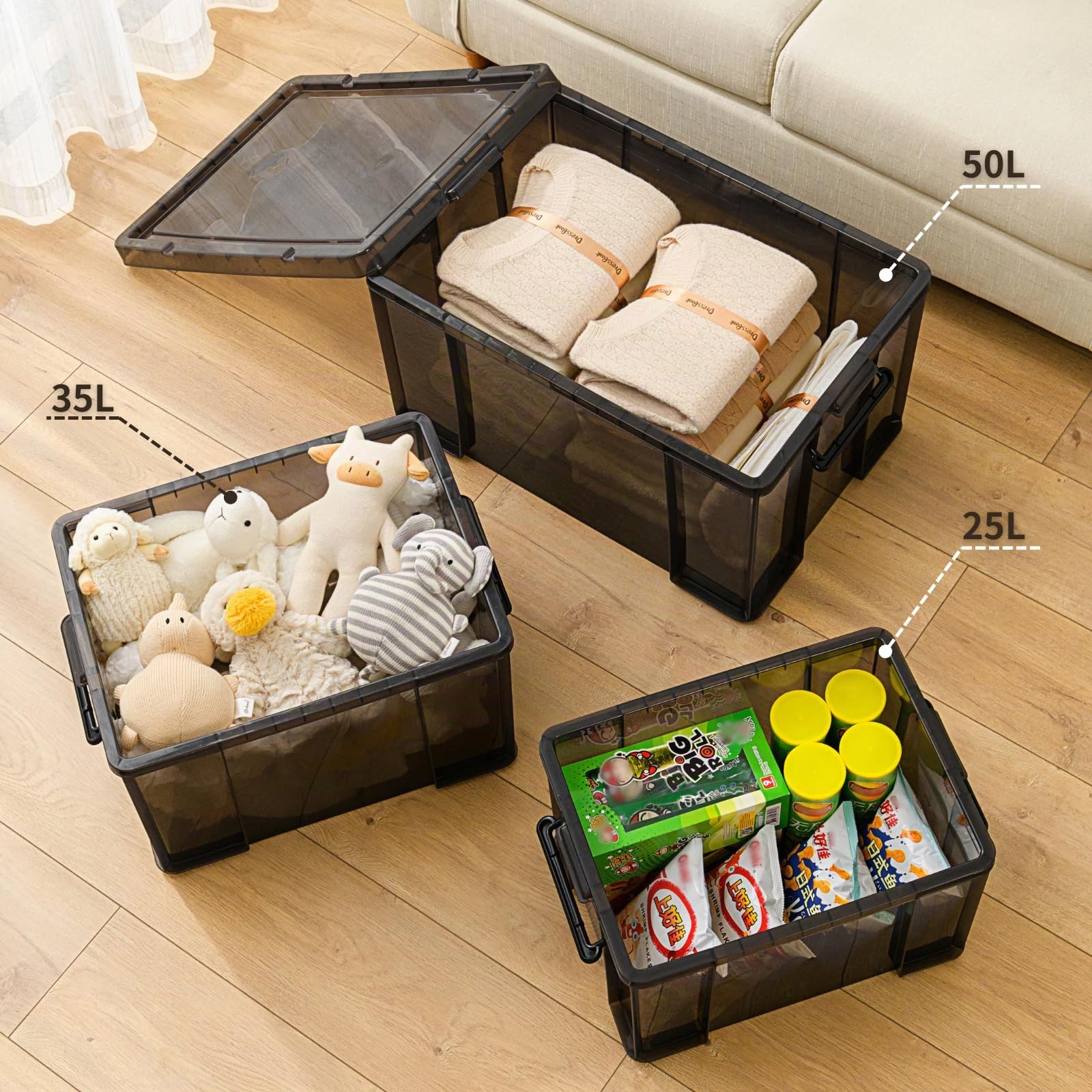Cetomo 50L*3 Heavy-Duty Aufbewahrungsboxen, Stapelbare Kunststoffbox mit Deckeln, Robuster Behälter mit verstärkten Ecken & Einrastverschlüssen, Langlebig, Stabil, Transparent Schwarz, 50L-3er Set