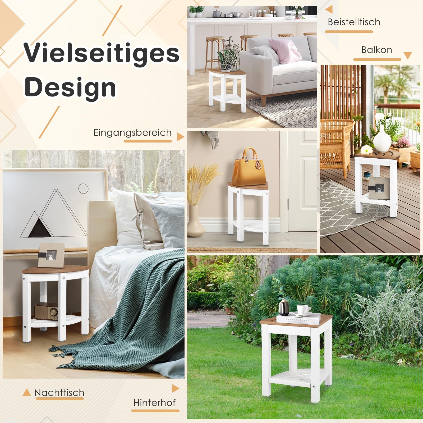 RELAX4LIFE Eck-Duschbank, HDPE-Duschhocker mit Ablage, Badezimmer-Fußstütze für Kleine Räume, Wasserdichter Duschhocker bis 150kg Belastbar, 2-stufiger Organizer für Innendusche, Braun+Weiß