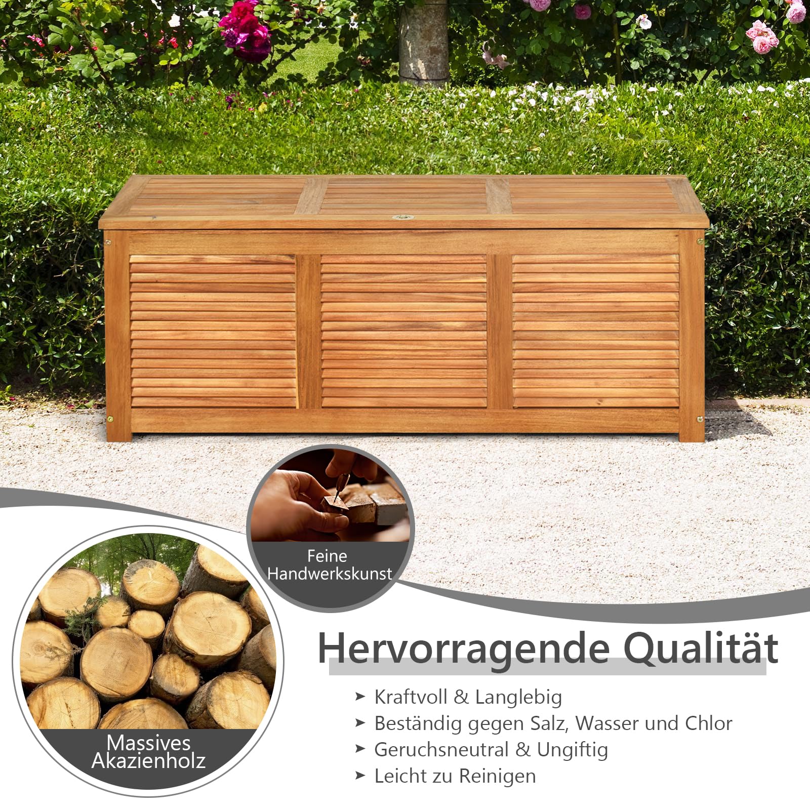 GIANTEX Auflagenbox Kissenbox Holz, Gartenbox mit Deckel, Aufbewahrungsbox Garten 178L, Gartentruhe Kissentruhe Outdoor, Aufbewahrungstruhe Garten, Auflagentruhe Holztruhe atmungsaktiv, 120x45x45cm
