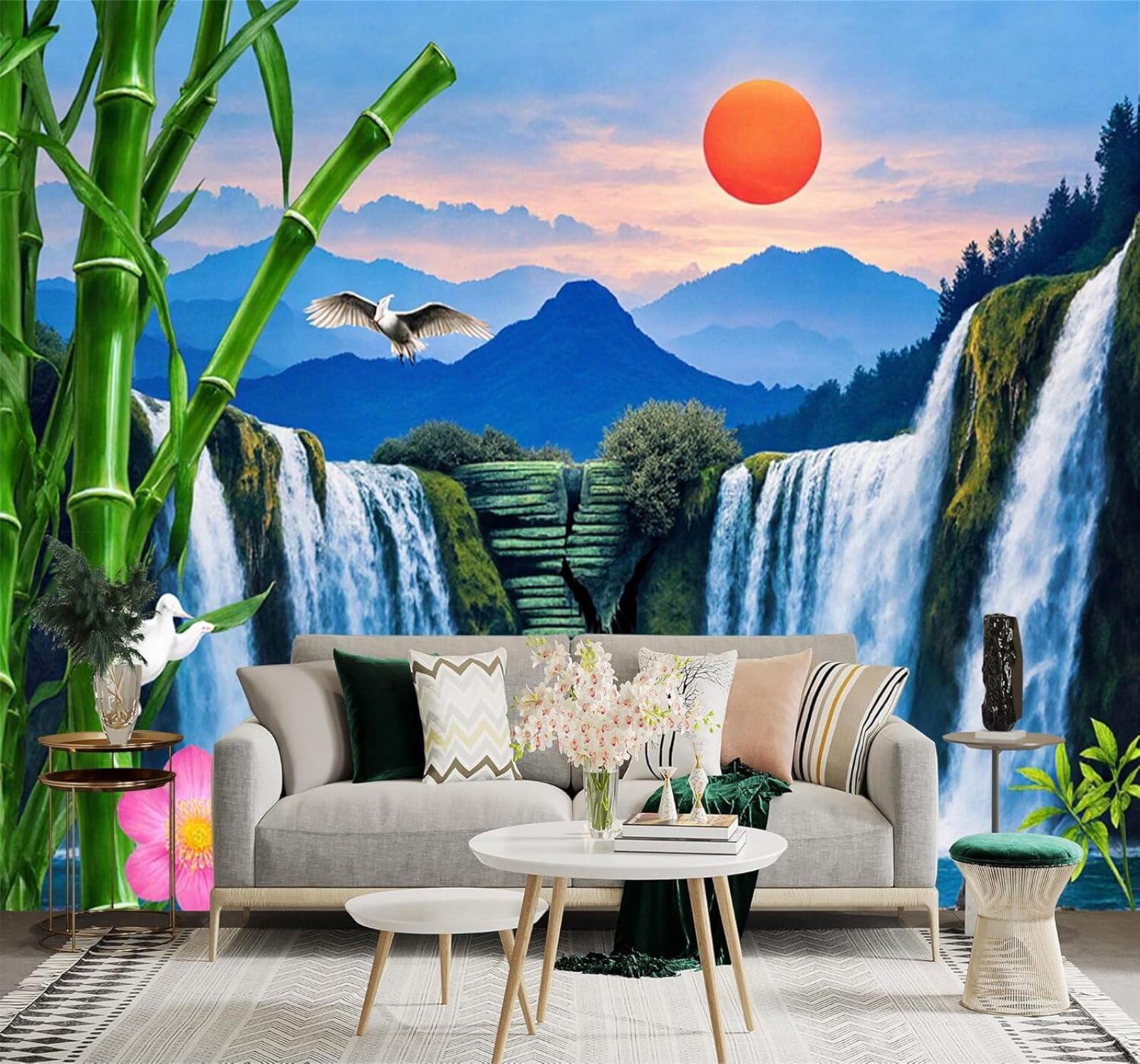 Xlming 350Cm×256Cm(B×H) Bamboo Waterfall Sunrise Mountains Birds Lotus 3D Wallpaper Premium Textured Silk Study Dining Living Room Bedroom Sofa Tv Wall Easy Install-350Cm×256Cm