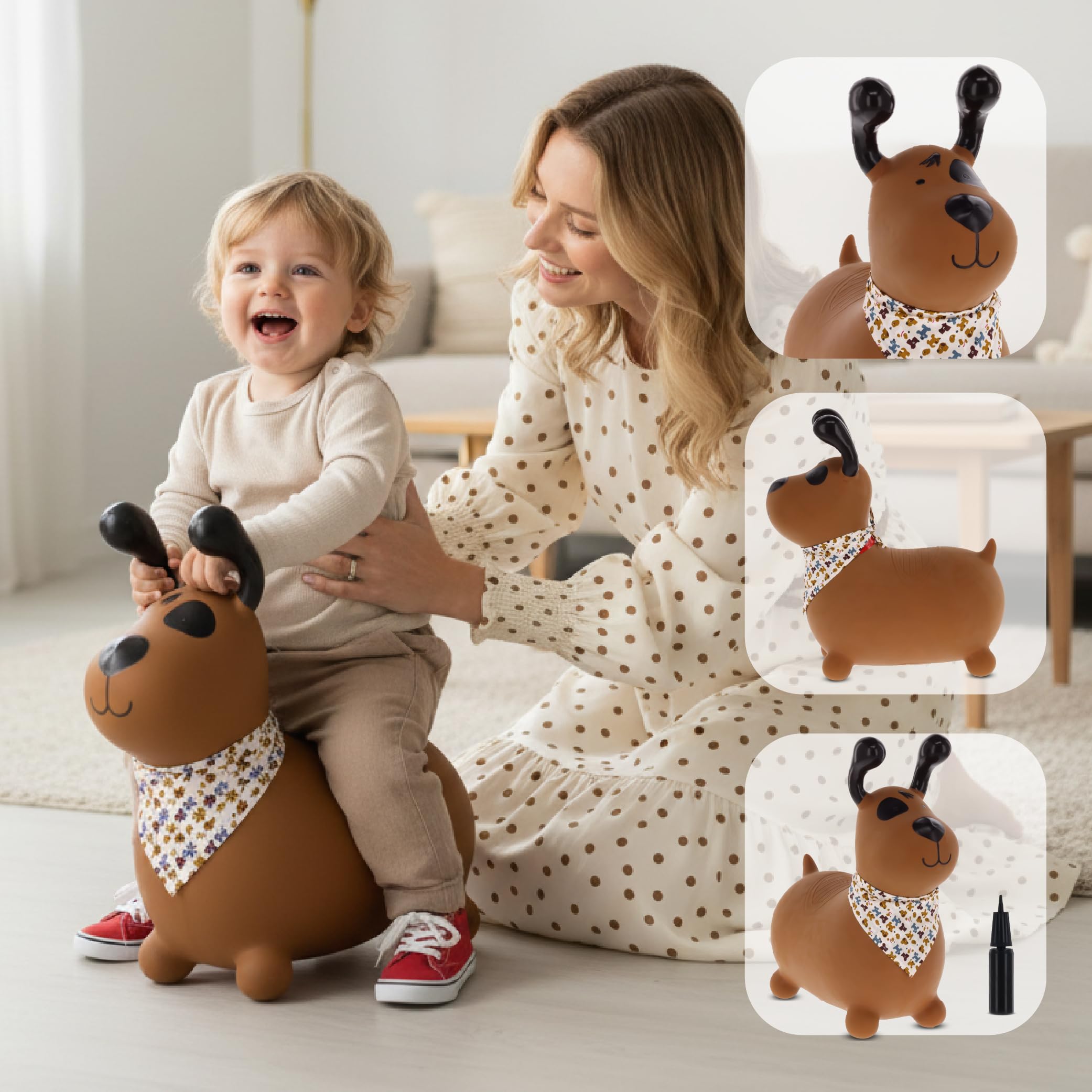 sun baby Saltador Hinchable para Niños hasta 45 Kg sin BPA, de 1 año, Pelotas saltarinas para niños (Perro marrón con Bandana)