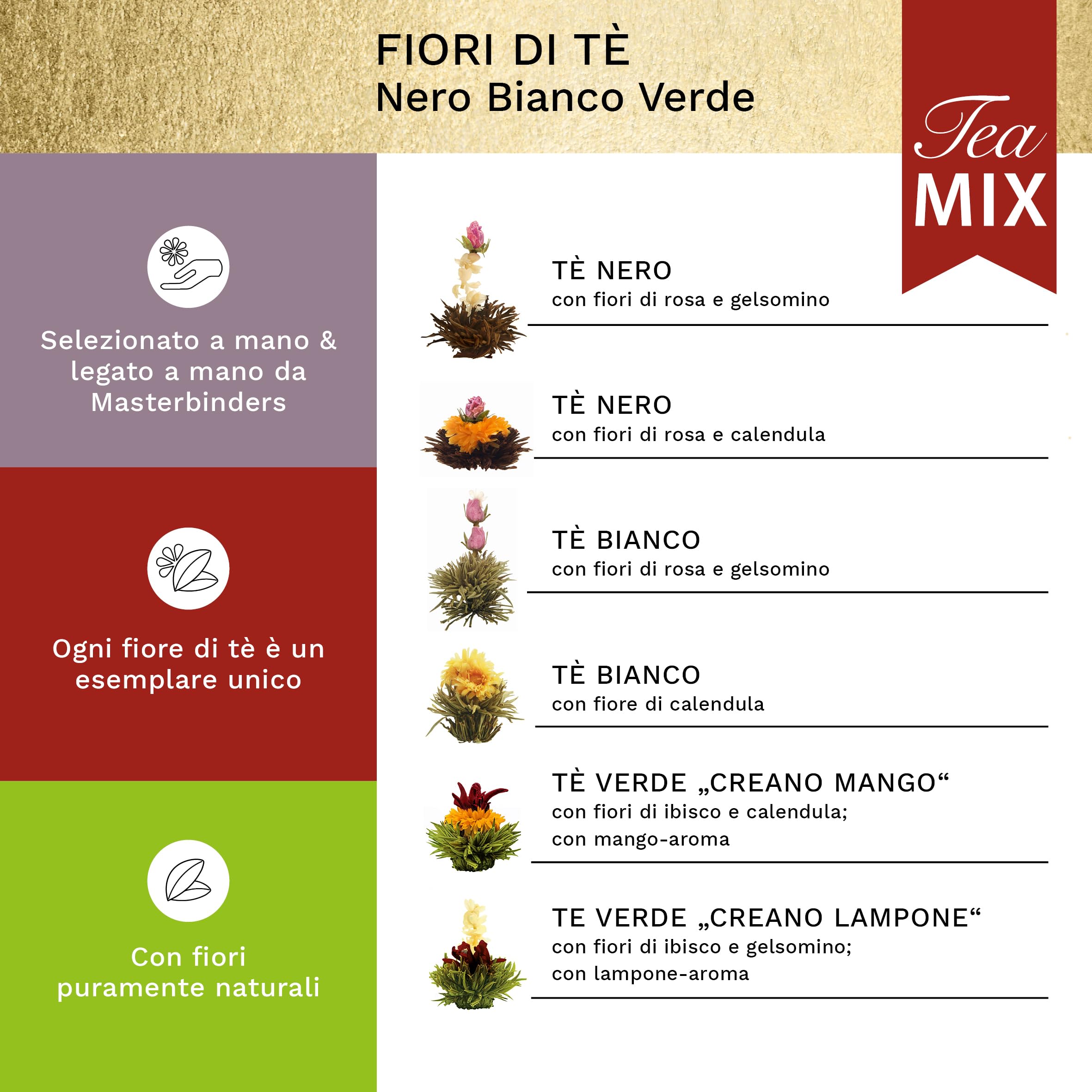 Creano Miscela di Té Fiorito con 6 Varietà di Tè Bianco, Nero, Verde - Set Regalo con Teiera di 500ml in Vetro Confezione Dorata da 7 Pezzi – Regalo Elegante per Donna