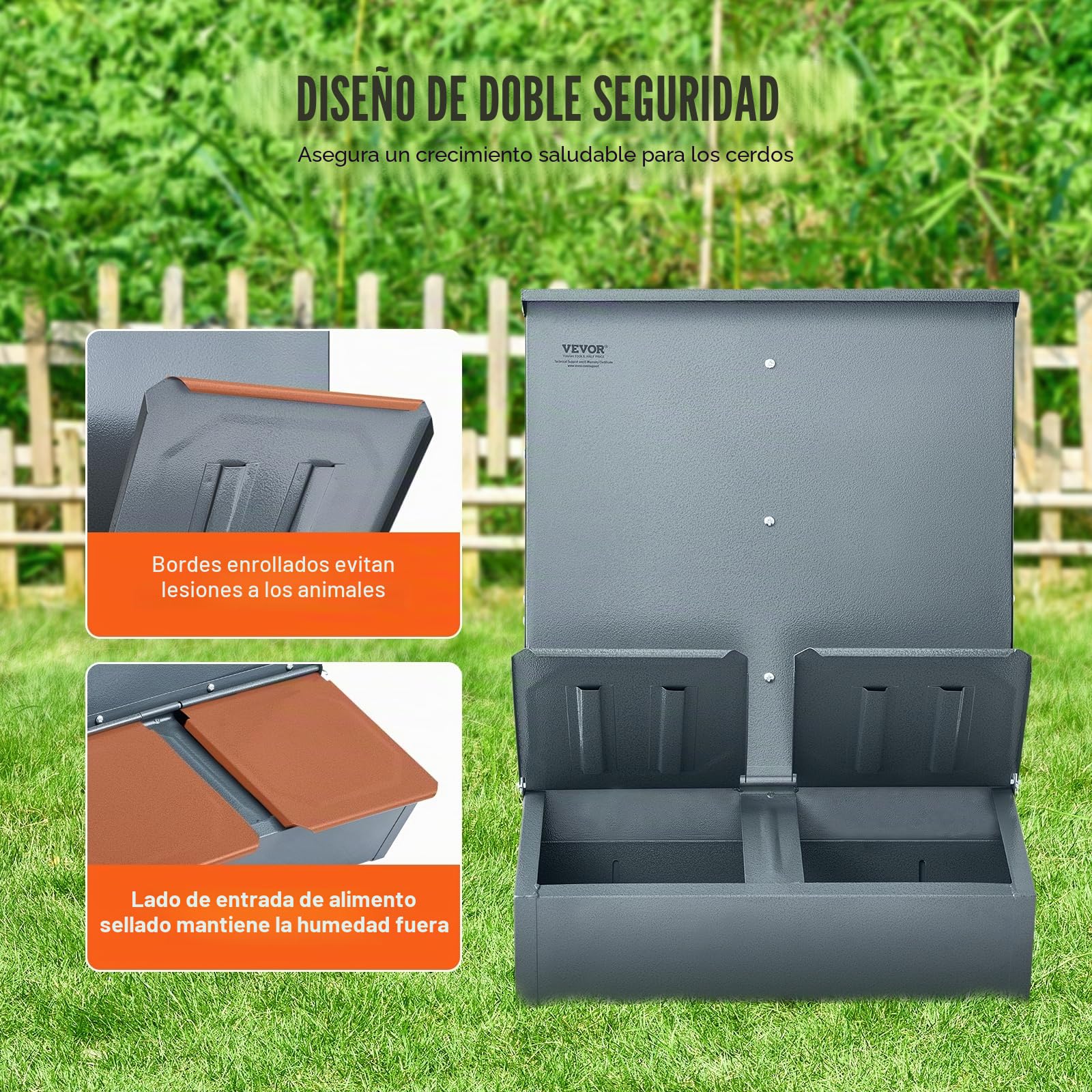 VEVOR Comedero para Cerdos de Capacidad de 90,92 L, Comedero para Cerdos de Doble Puerta, Comedero para Lechones de Acero Resistente, Comedero de Canaleta Multiusos para Alimentar hasta 8 Cerdos