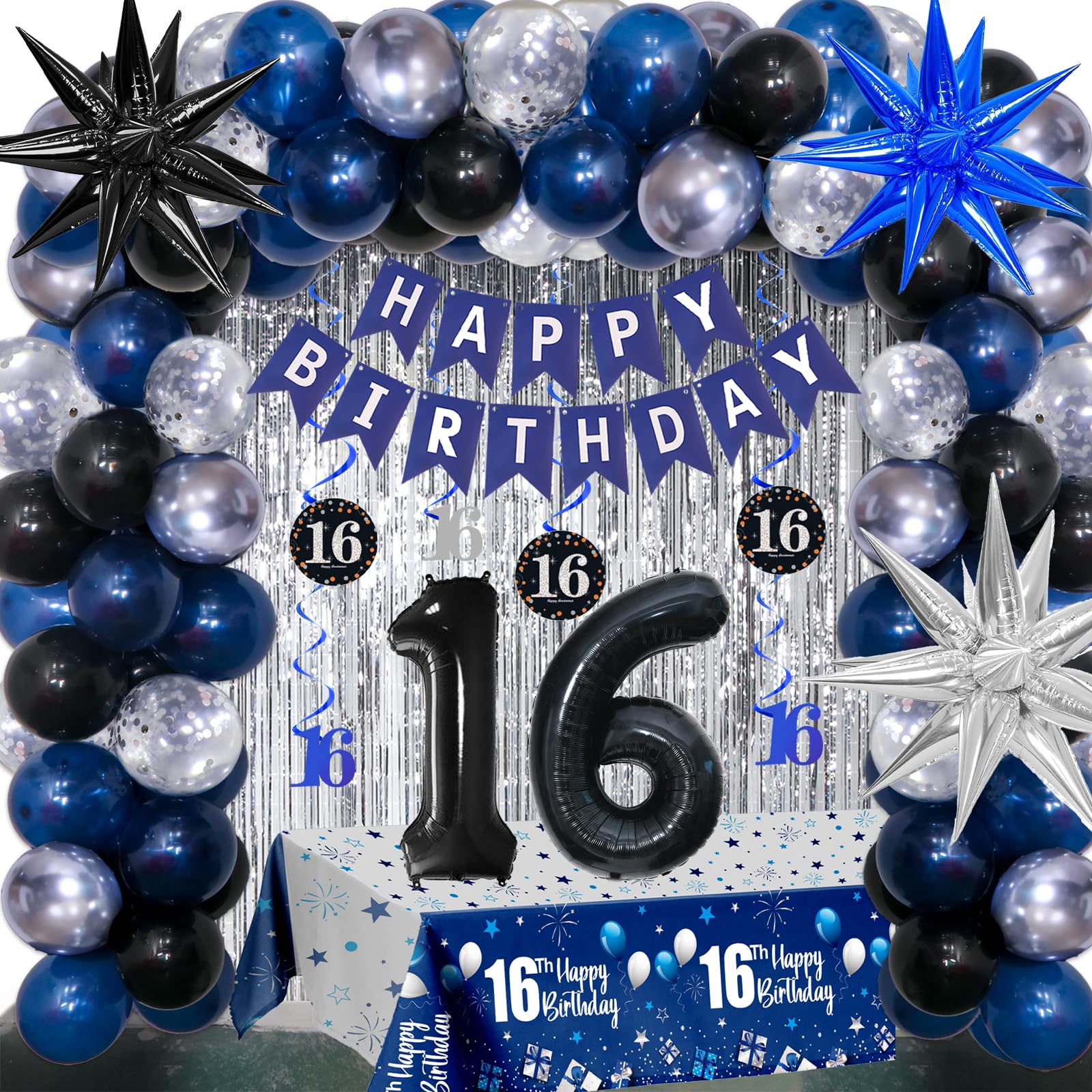 16th Birthday Decorations for Boys and Girls Dark Blue, HAPPY BIRTHDAY Banner Black Number 16 Balloons Tablecloth Foil Backdrop Star Balloons Garland Arch Kit-16 Years Old Birthday Party Supplies