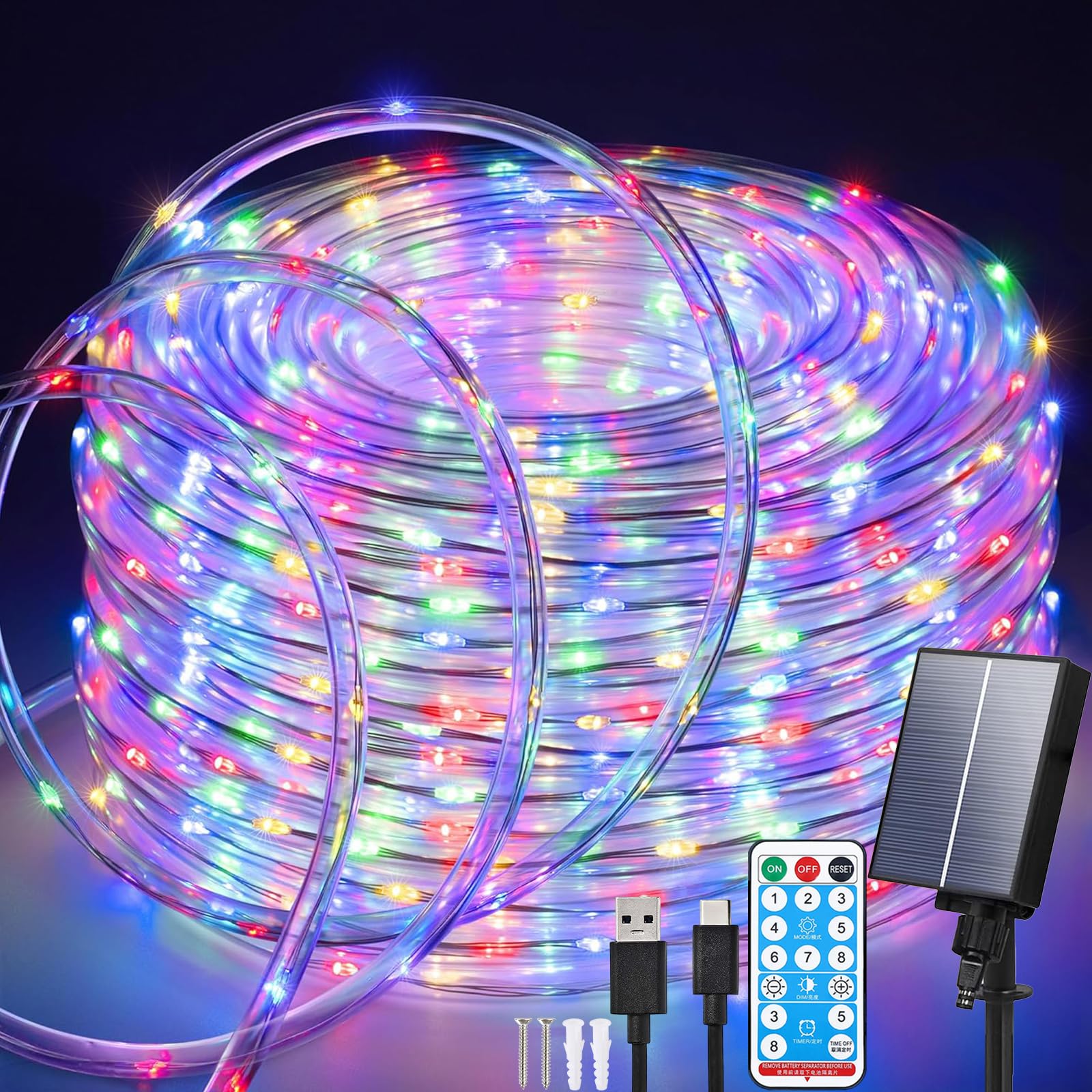 Aofonchy Solar LED Rope Lights Outdoor, 66Ft 200 LEDs Waterproof Tube String Lights with 8 Modes & Remote Control