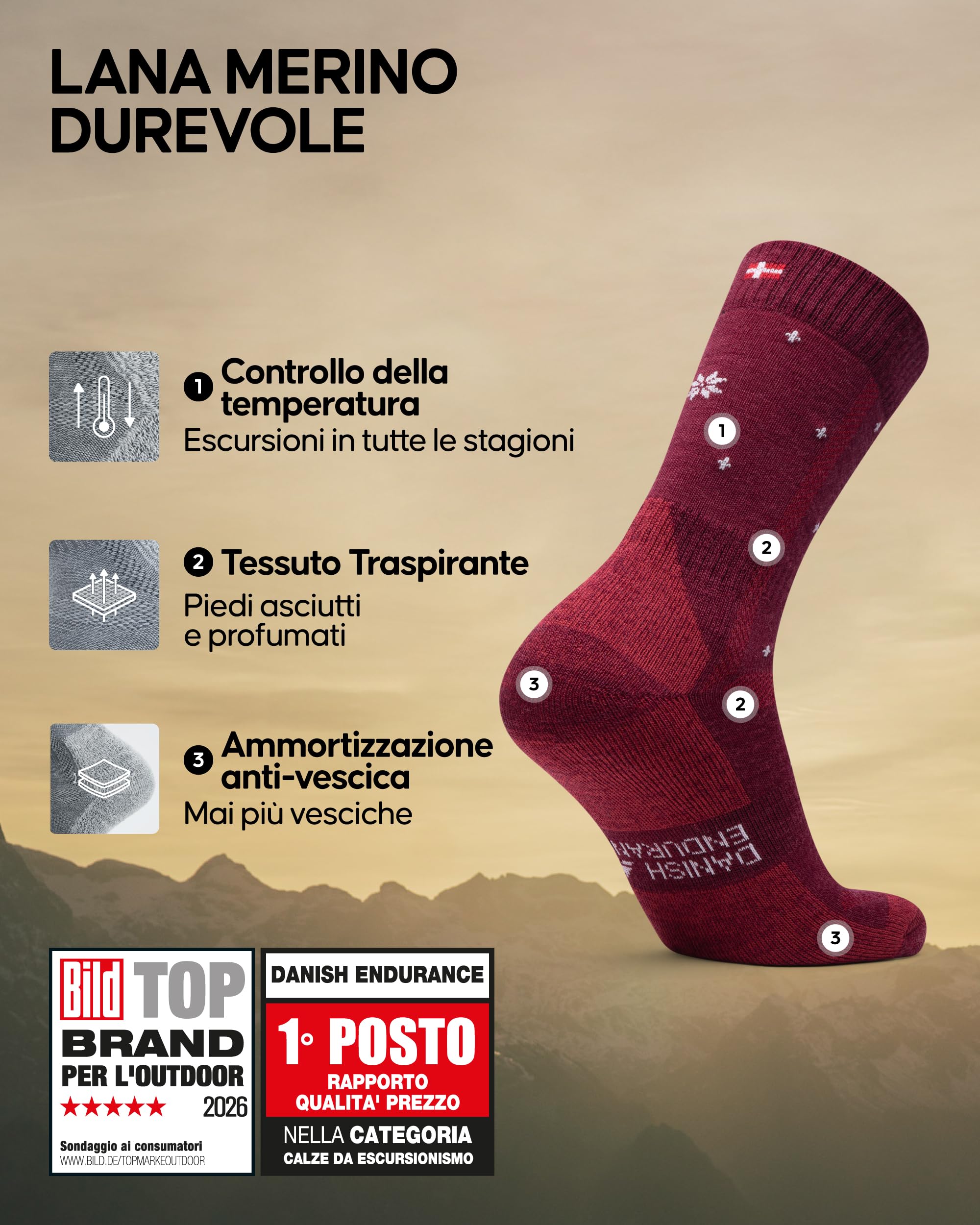 DANISH ENDURANCE Calze Trekking in Lana Merino, Anti-Vesciche, Calzini Escursionismo da Uomo, Donna, Bambino, 3 Paia