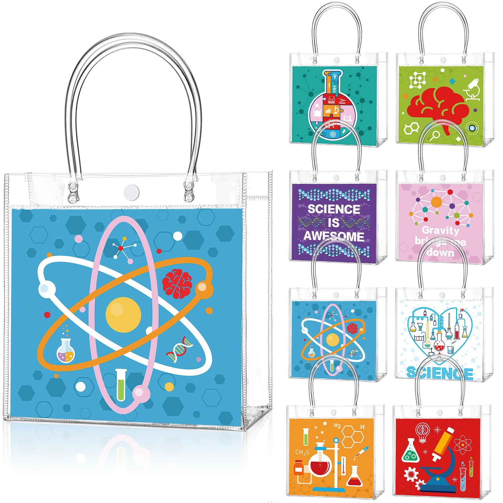 Teenyyou 24 Pcs Science Party Favor Bags Clear PVC Goodie Treat Tote Gift Bags with Handles Science Theme Birthday Party Supplies