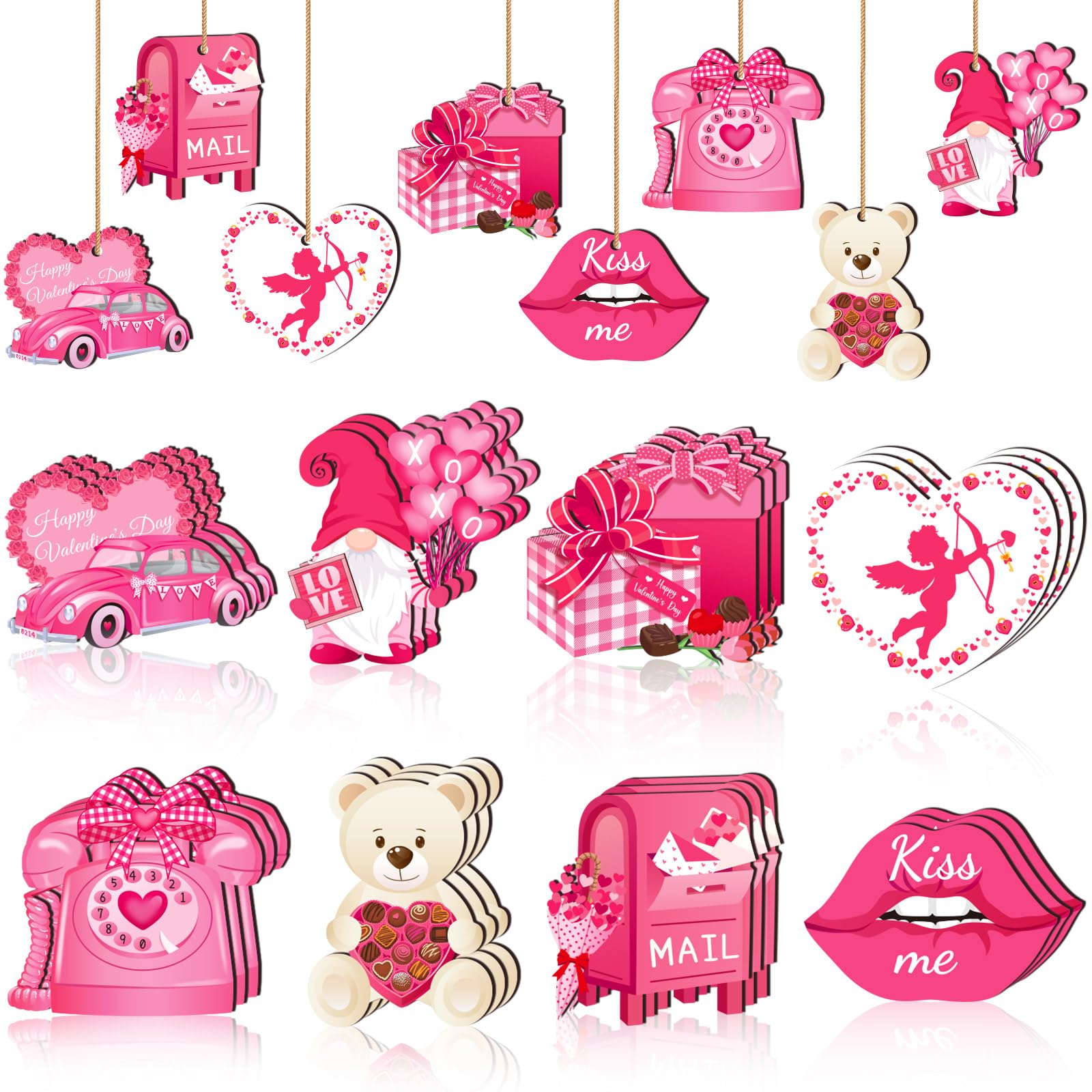 Ours d'amour et nains de Saint-Valentin en bois pour décoration de table rose