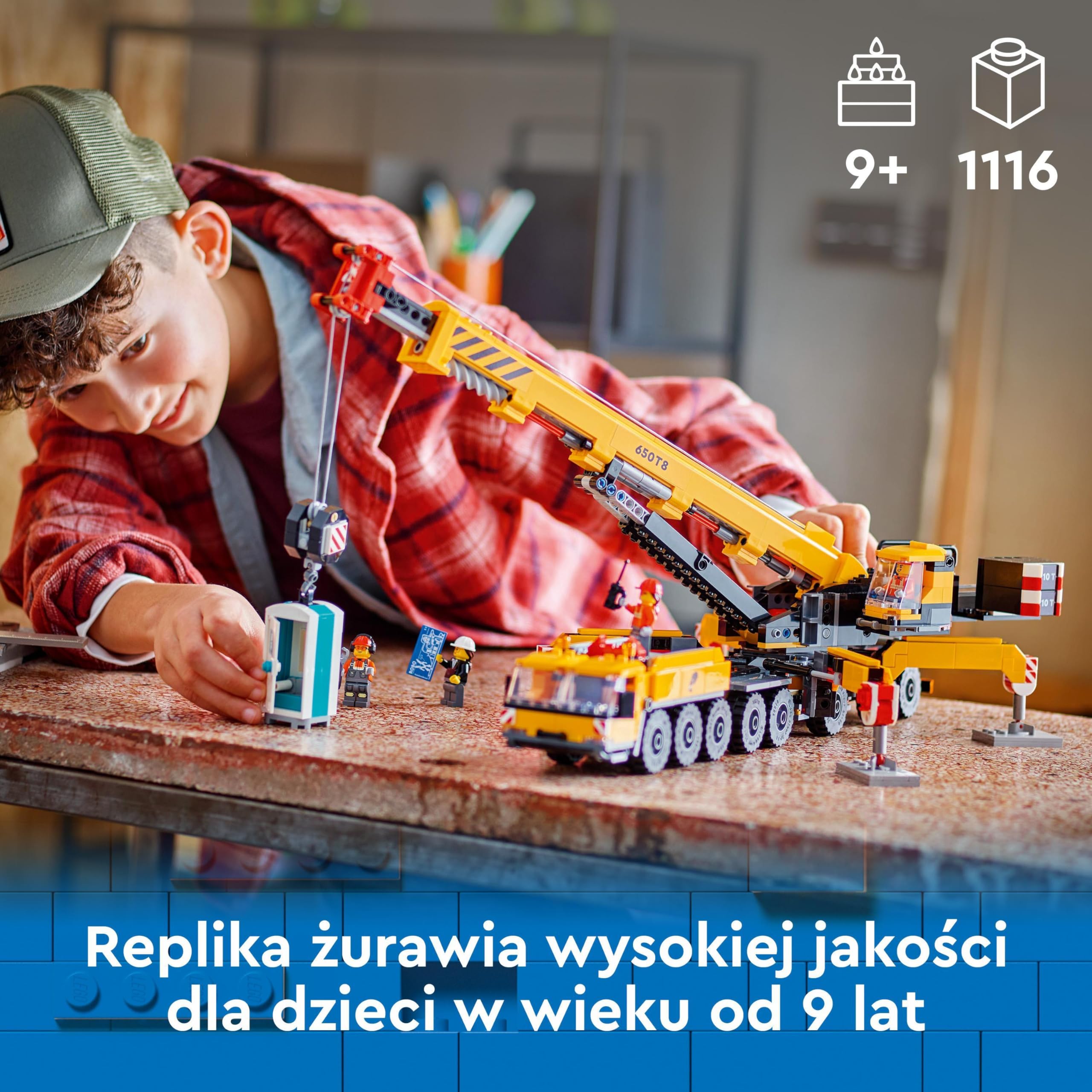 LEGO City Żółty ruchomy żuraw, dźwig, zabawka dla dziecka z wysuwanym wysięgnikiem i 4 minifigurkami do odgrywania ról, zabawki konstukcyjne dla chłopców i dla dziewczynek, prezent dla 9-latka, 60409
