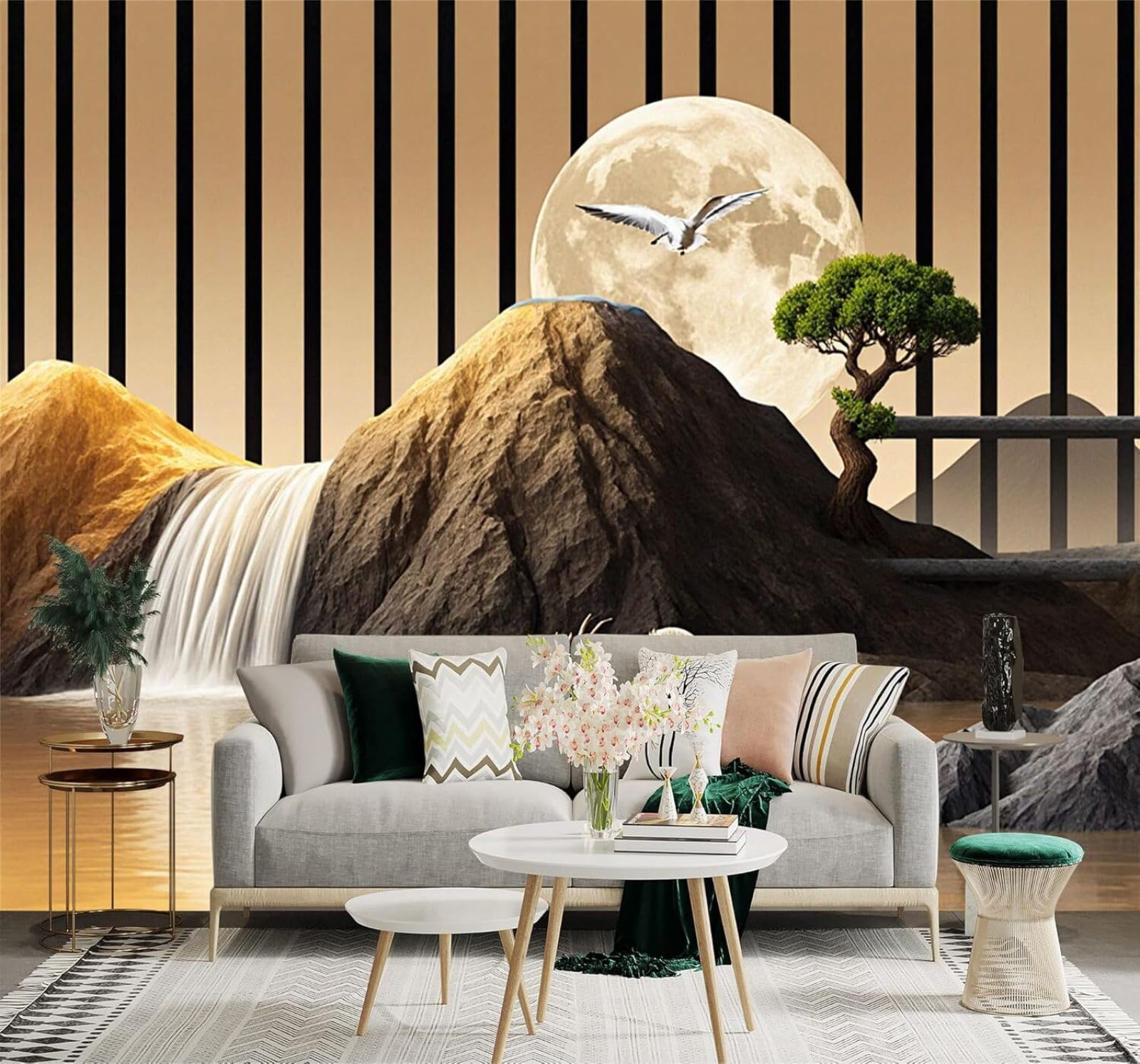XLMING Small Boat Deer Moon Waterfall Mountains Landscape 3D Wallpaper Silky Texture Home Study Office Grey Dining Room Sofa Bedroom Living Room TV Backdrop-150cm×105cm