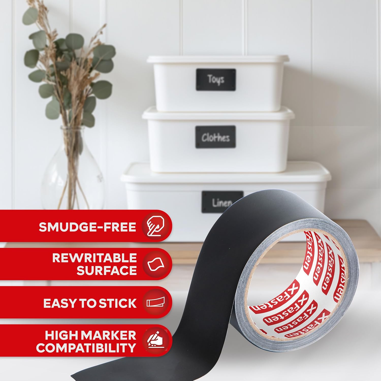 XFasten Black Chalkboard Tape Removable, 2-Inch x 30-Foot, Black, Smudge Resistant Sticky Chalkboard Label Duct Tape (Pack of 3)