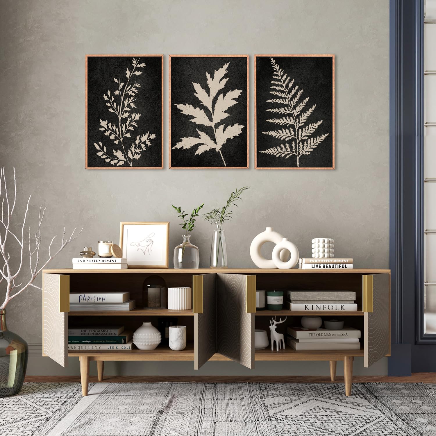 Ausril Black Tan Fern Leaf Framed Canvas Wall Art Set, Minimalist Botanical Wall Decor, Nature Fern Plant Silhouette Wall Painting, Modern Art Print for Living Room, Bedroom, Office 16"x24"x3 Product Image 3