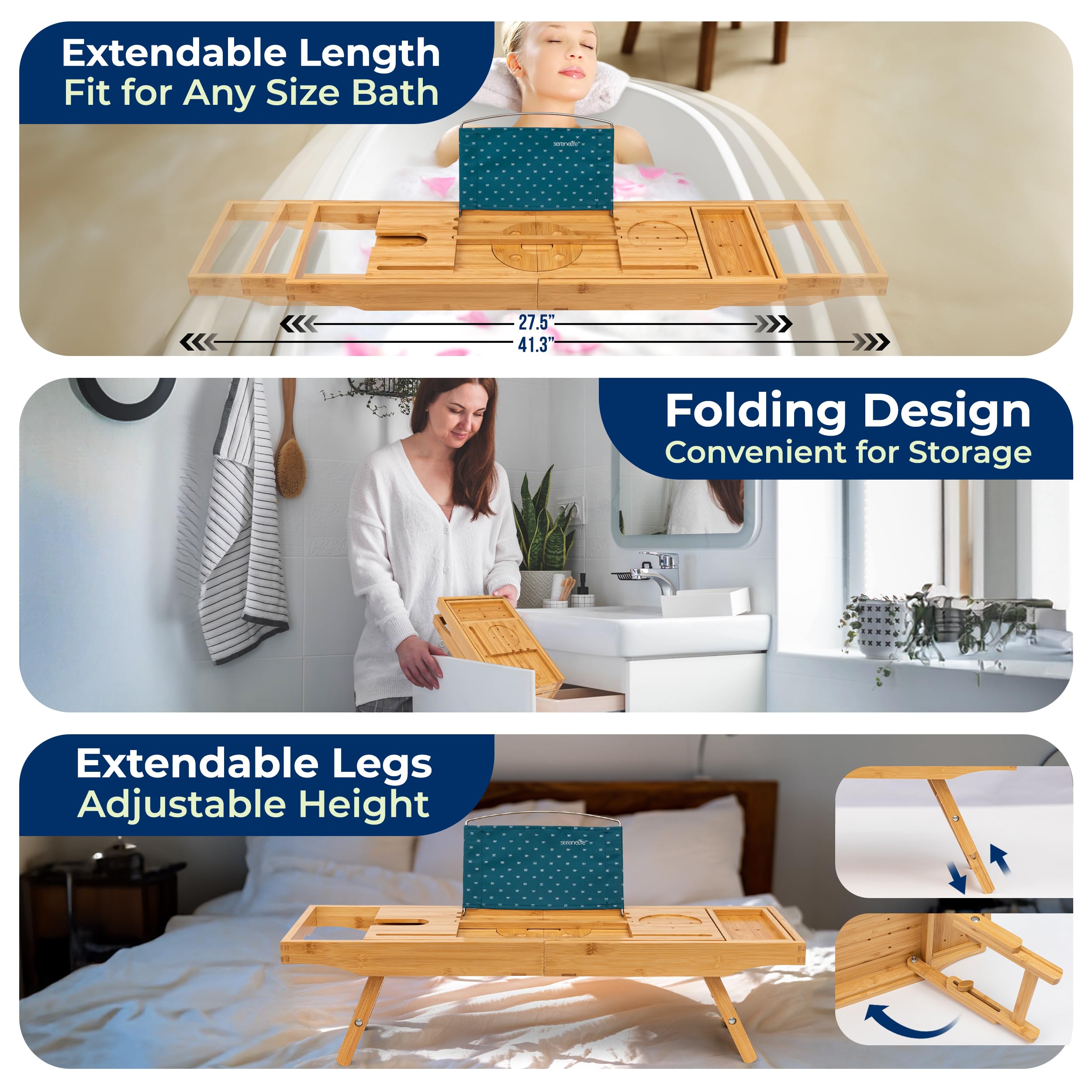 SereneLife Bamboo Bathtub Caddy with Adjustable Length, Non-Slip Handles, Integrated Device Holder and Wine Glass Slot - Expandable Design for Comfortable Bathing