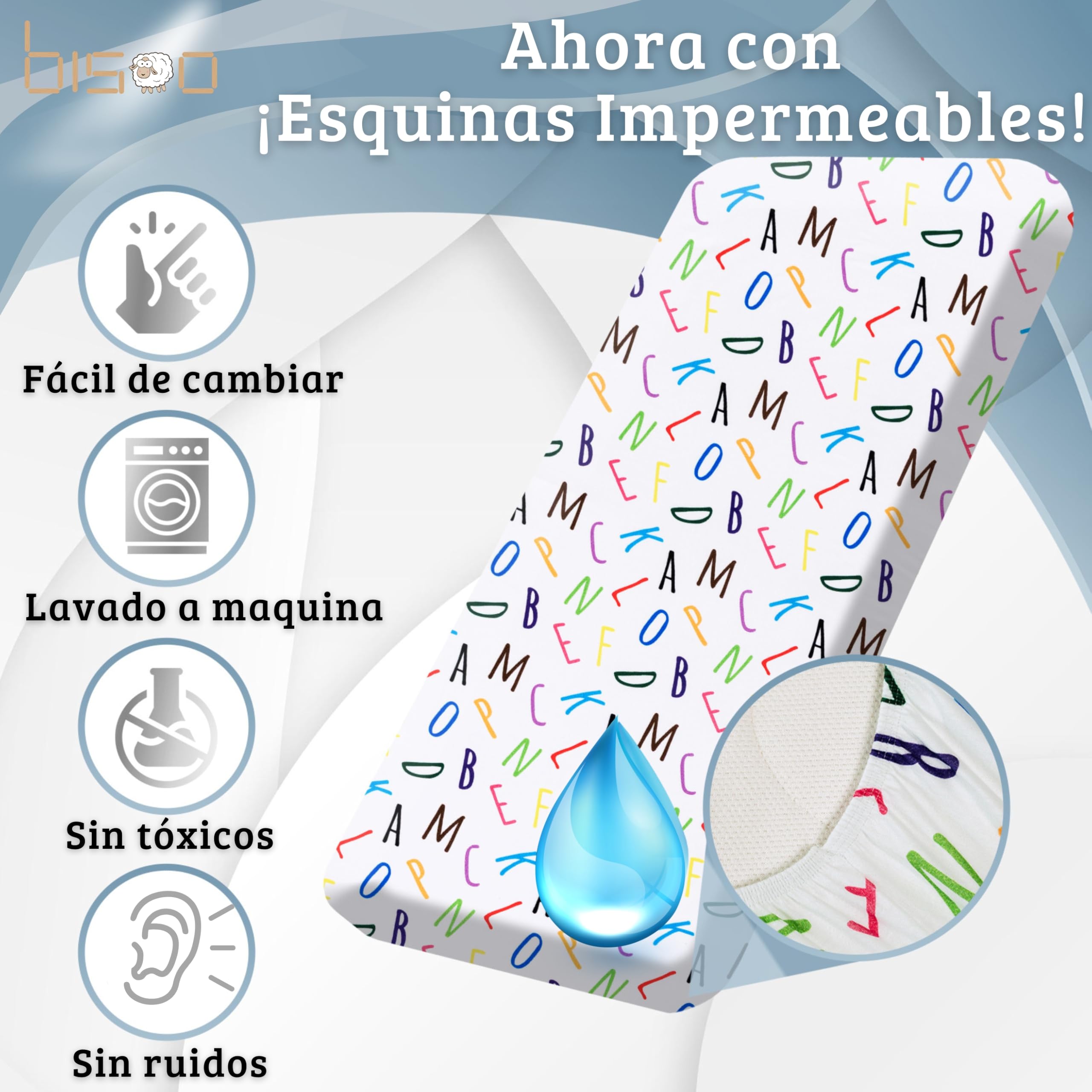 Bisoo, Set de 2 Sabanas Cuna 60x120 - Protector Colchon Cuna 60 x 120 con Esquinas Impermeables - Bajeras Algodon Jersey Impermeables, Certificado OekoTex, Set: Letras + Coches 120x60 cm