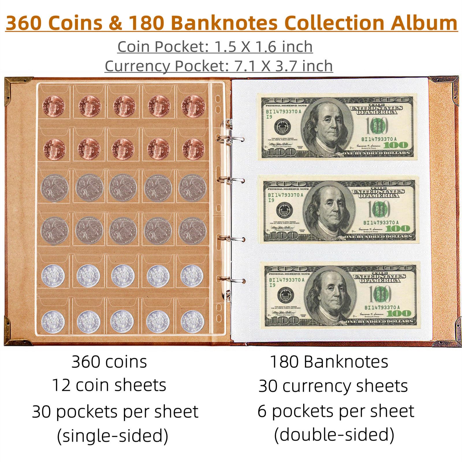 Ettonsun Soporte para libros de colección de monedas para coleccionistas, álbum de colección de monedas de 360 bolsillos y 180 fundas de almacenamiento de dinero de papel para suministros de colección