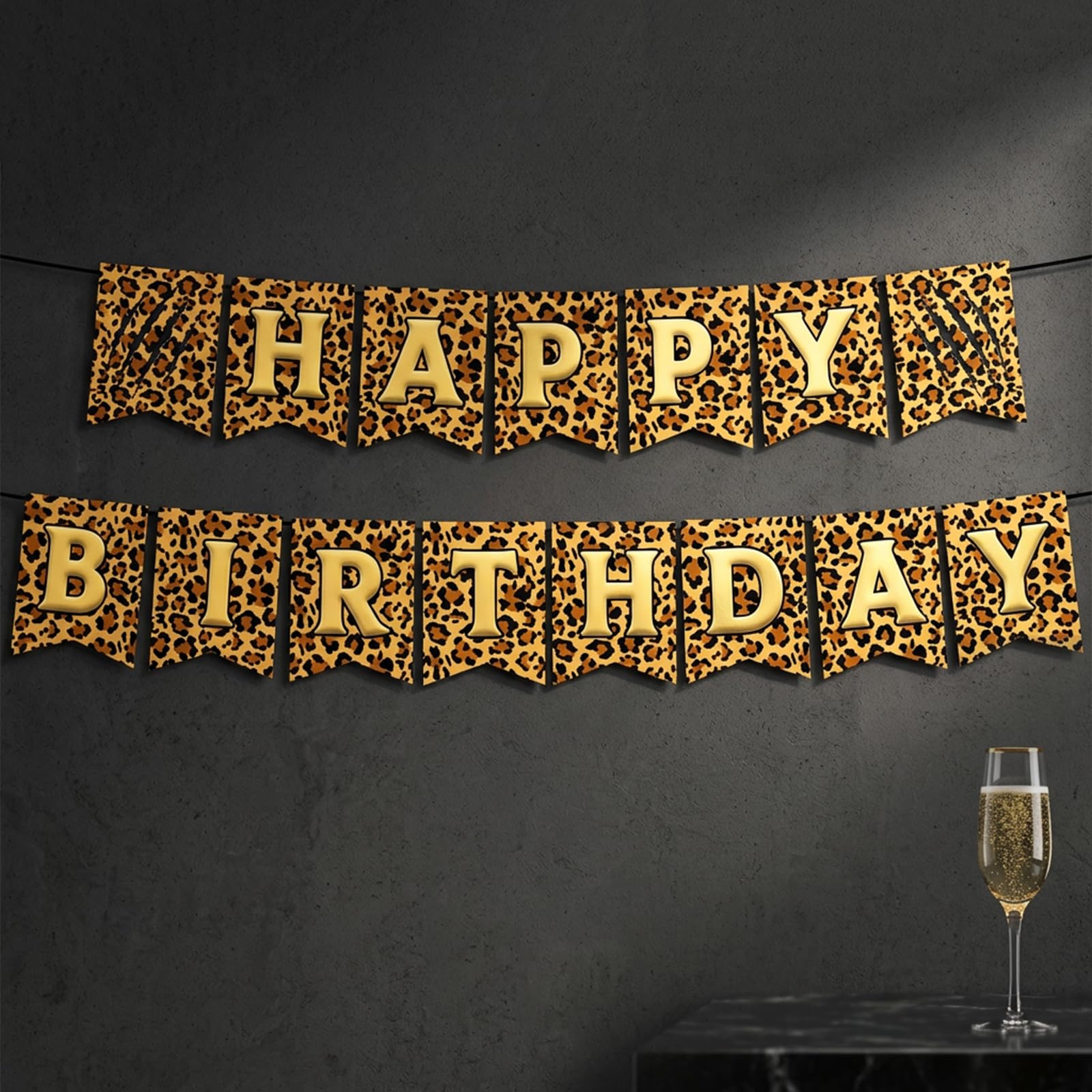 Leopard Print Birthday Banner, Black and Gold Swallow tail Tail Banner for Adult Birthday Party Decorations and Home Party Supplies
