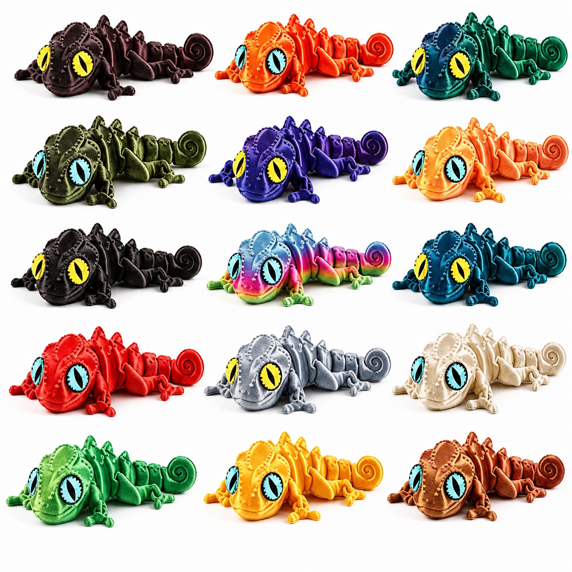 EZOOU 3D Printed Lizard Toys – 15 Pcs Flexible Chameleons with Articulated Joints – Stress Relief Fidget Animals for Adults, Desktop Office Decoration, Assorted Colour 3D Printed Gecko
