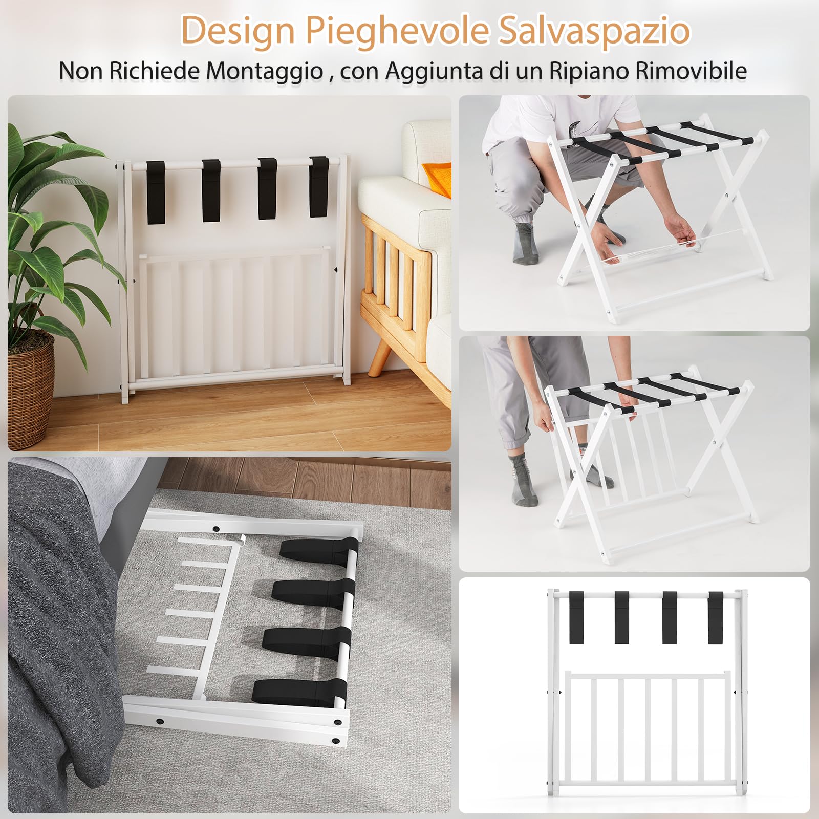 SOARS Lot de 2 Porte-Valises Pliants en Métal, 68 x 45 x 57 cm, Porte Bagages avec 2 Étagères, Robuste pour Chambre, Hôtel, Charge 80 kg (Blanc)