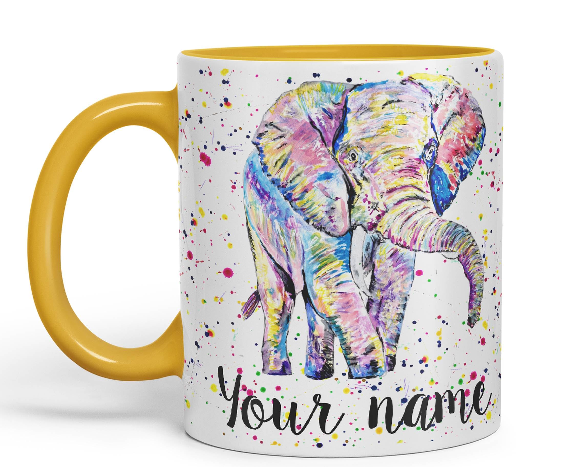 Vixar Personalised with Your Text Elephant Forward Facing Wild Animals Watercolour Art Coloured Ceramic Mug Cup Gift 330ml 11oz Custom Work Office Tea Coffee (G Yellow)