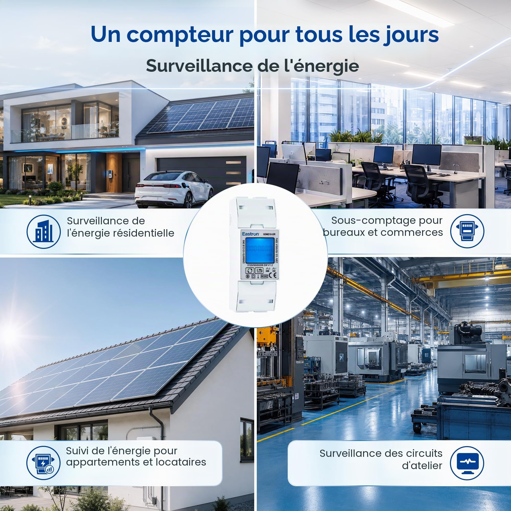 Compteur d'énergie monophasé Modbus, avec entrée électrique - 100A, sortie impulsionnée fixe 1000imp/kWh - Nécessite des entrées de tension secteur (phase et neutre entrée et sortie) - SDM210-DR-MID
